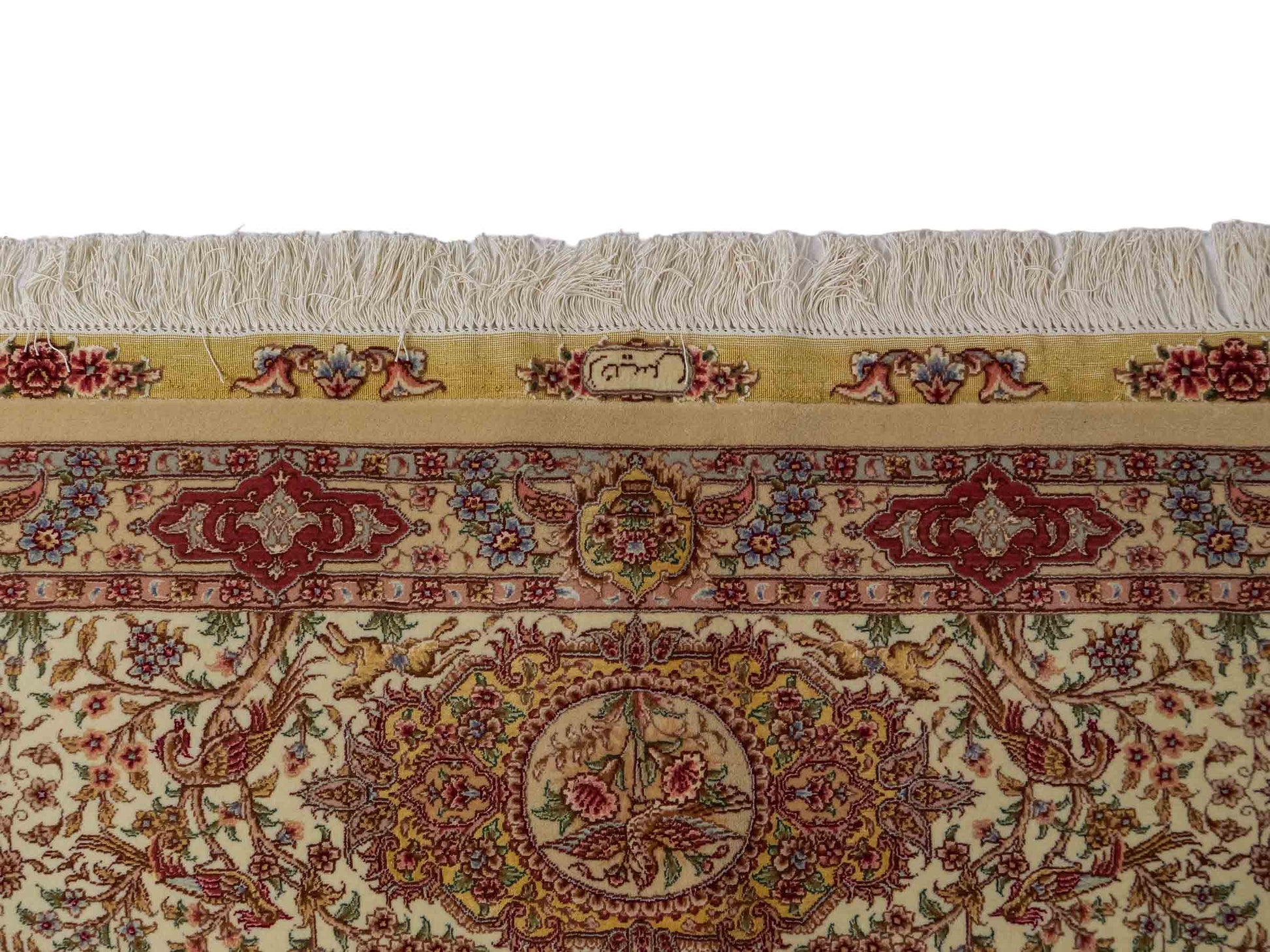 Sehr feiner, handgeknüpfter Khademi Orientteppich mit Täbriz Design aus Wolle mit Seide, creme, grün. 367x275 cm. Verkauf durch Jupiter Intl.