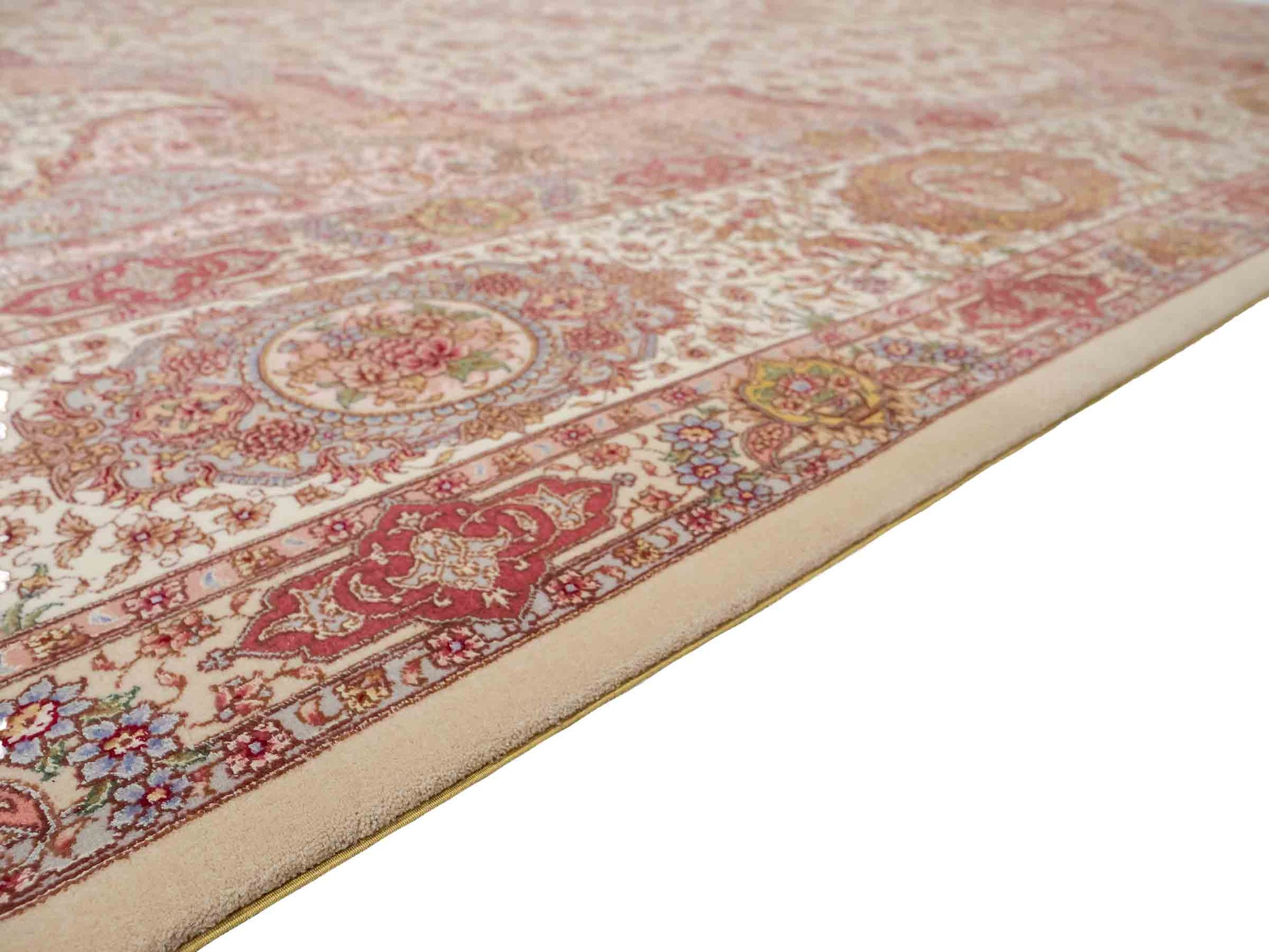 Sehr feiner, handgeknüpfter Khademi Orientteppich mit Täbriz Design aus Wolle mit Seide, creme, grün. 367x275 cm. Verkauf durch Jupiter Intl.