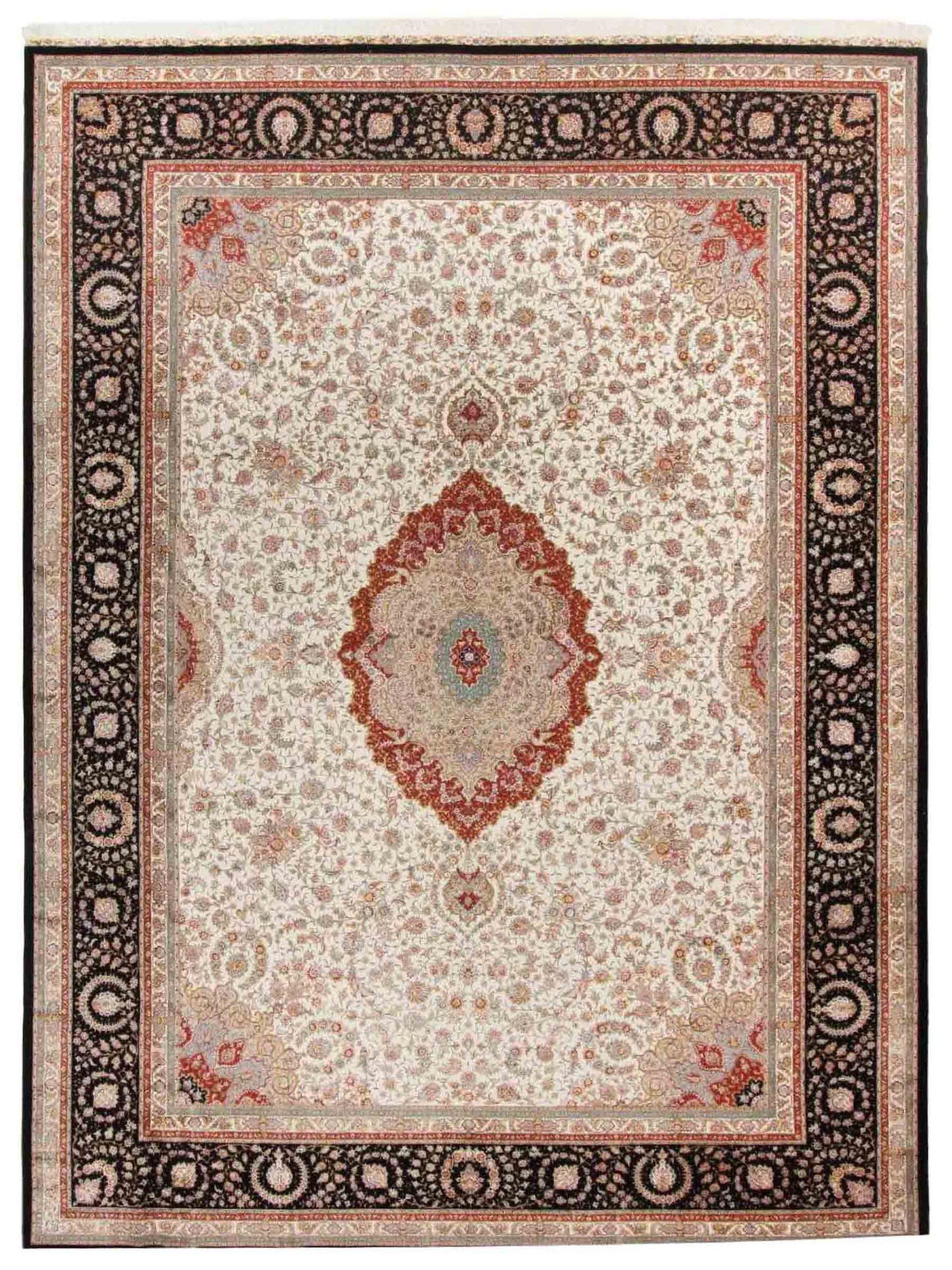 Sehr feiner, handgeknüpfter Khademi Orientteppich mit Täbriz Design aus Wolle mit Seide, creme, blau, orange. 426x305 cm. Vertrieb durch Jupiter Intl.