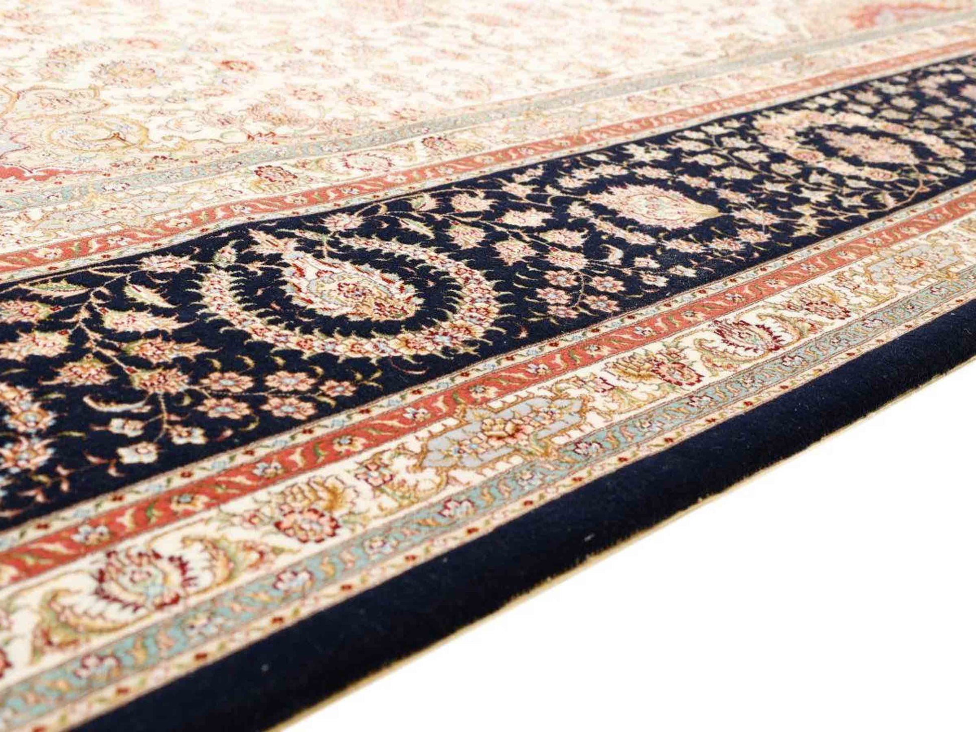 Sehr feiner, handgeknüpfter Khademi Orientteppich mit Täbriz Design aus Wolle mit Seide, creme, blau, orange. 426x305 cm. Vertrieb durch Jupiter Intl.