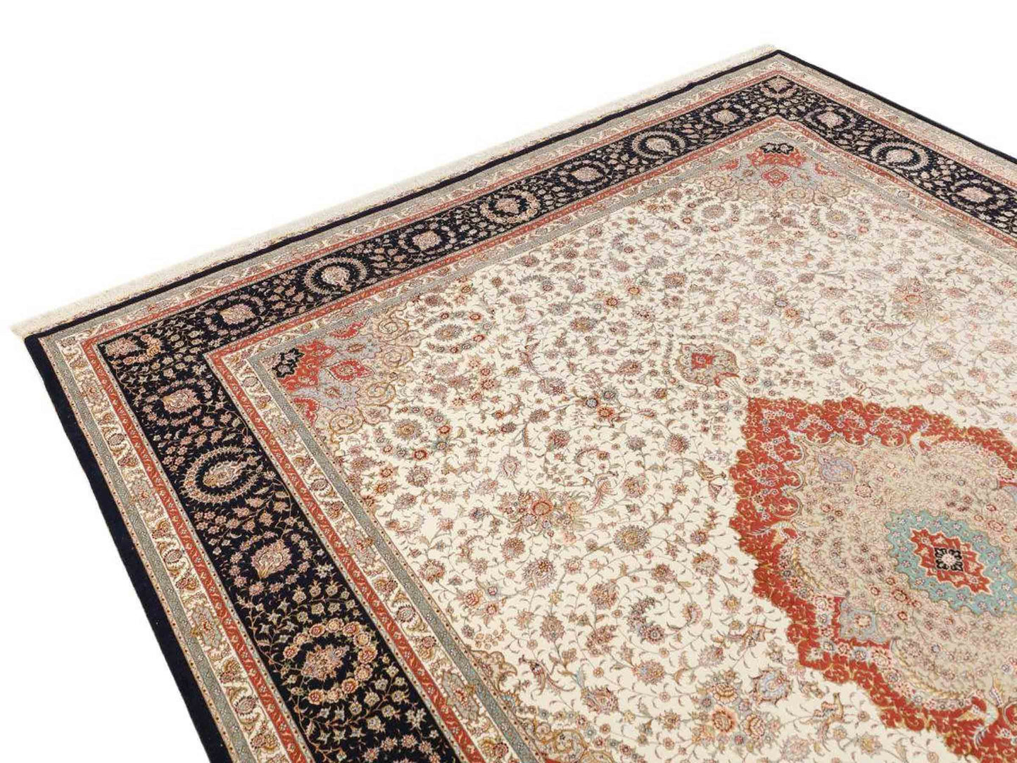Sehr feiner, handgeknüpfter Khademi Orientteppich mit Täbriz Design aus Wolle mit Seide, creme, blau, orange. 426x305 cm. Vertrieb durch Jupiter Intl.