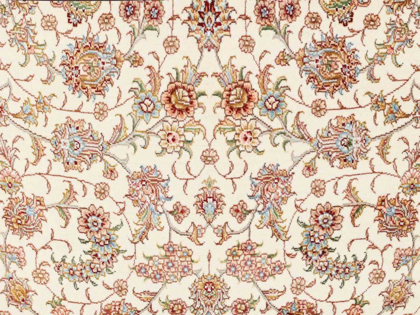 Sehr feiner, handgeknüpfter Khademi Orientteppich mit Täbriz Design aus Wolle mit Seide, creme, blau, orange. 426x305 cm. Vertrieb durch Jupiter Intl.