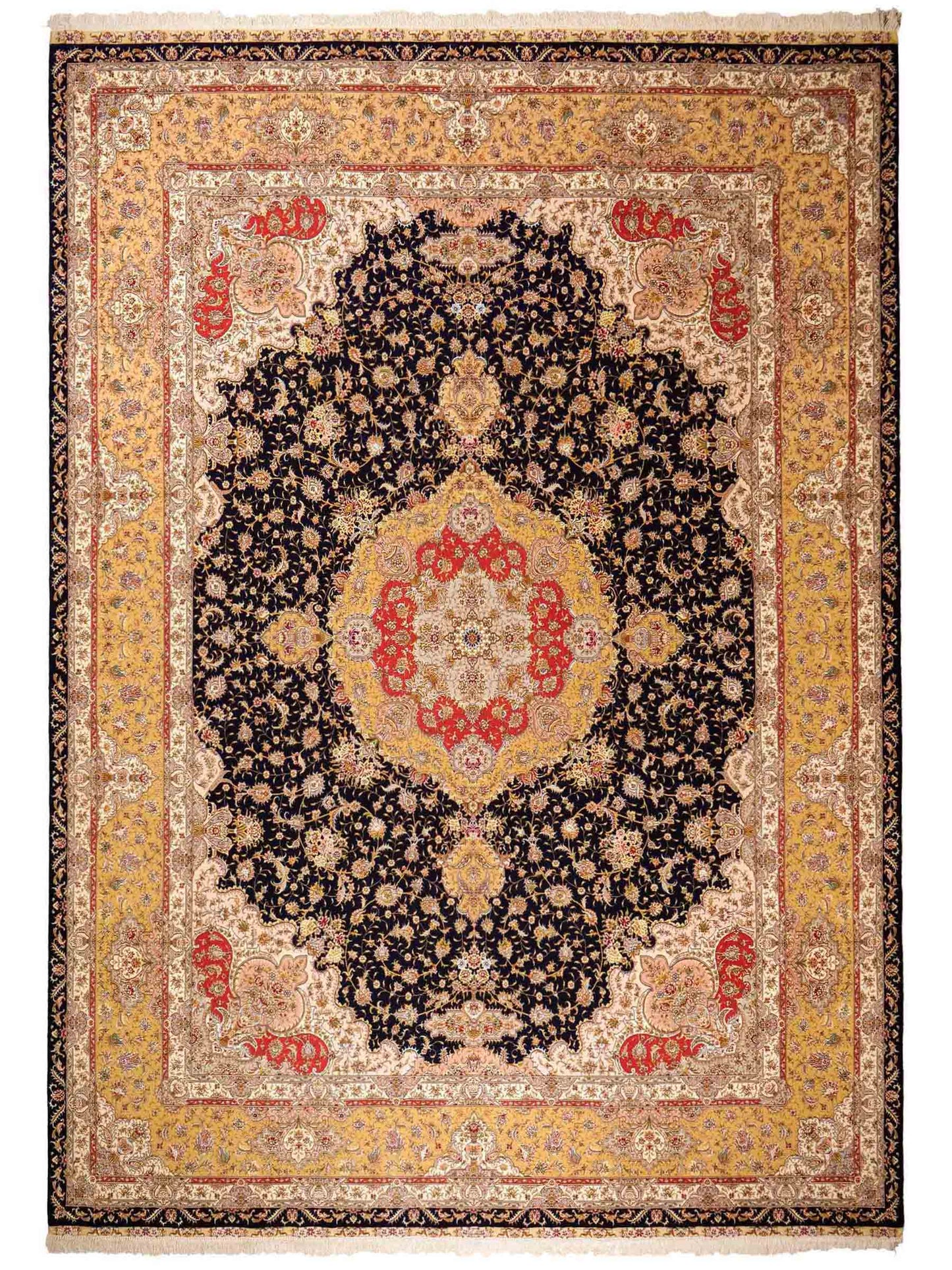 Sehr feiner, handgeknüpfter Khademi Orientteppich mit Täbriz Design aus Wolle mit Seide, blau, gelb. 361x275 cm. Vertrieb durch Jupiter Intl.