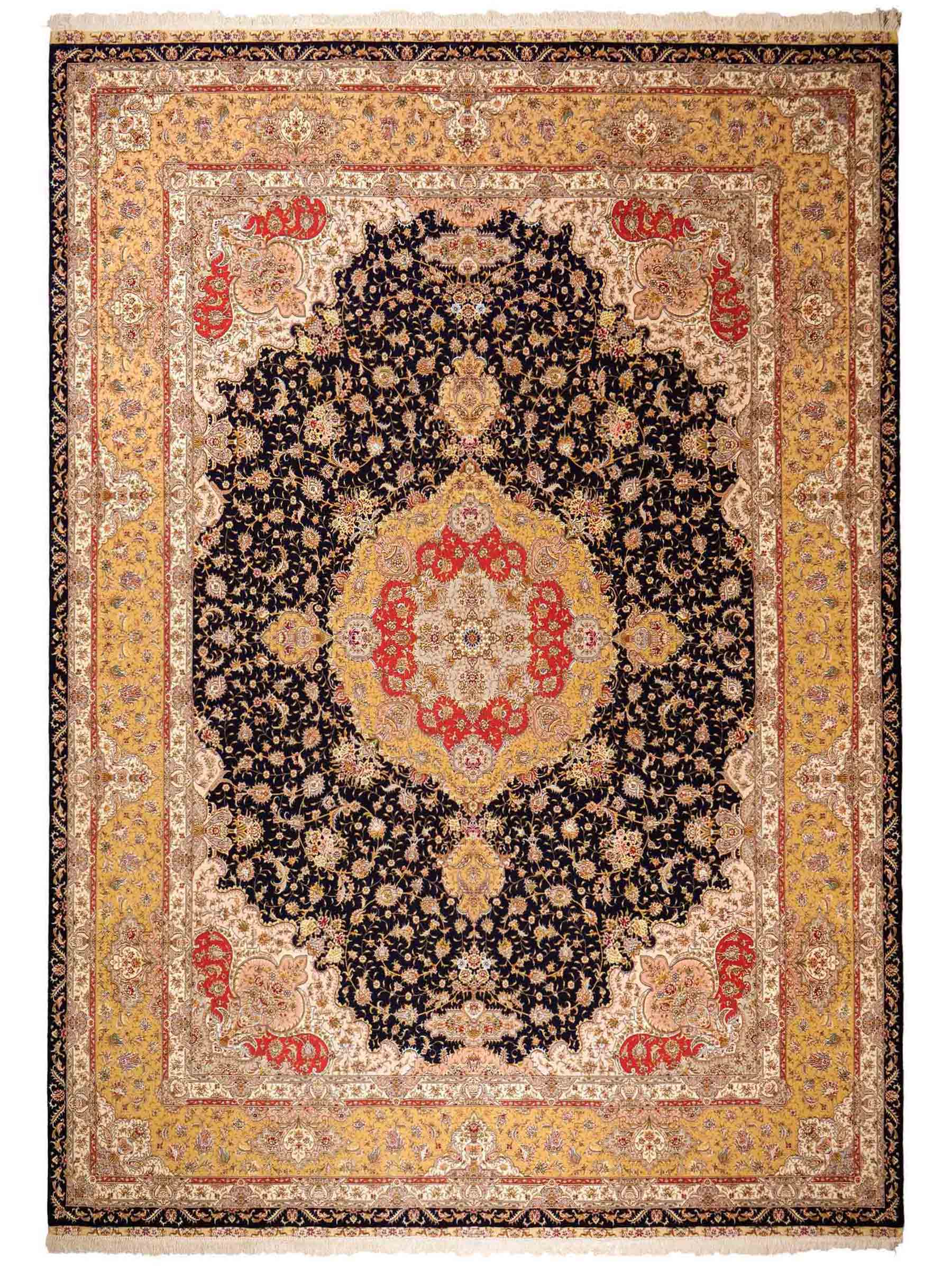 Sehr feiner, handgeknüpfter Khademi Orientteppich mit Täbriz Design aus Wolle mit Seide, blau, gelb. 361x275 cm. Vertrieb durch Jupiter Intl.