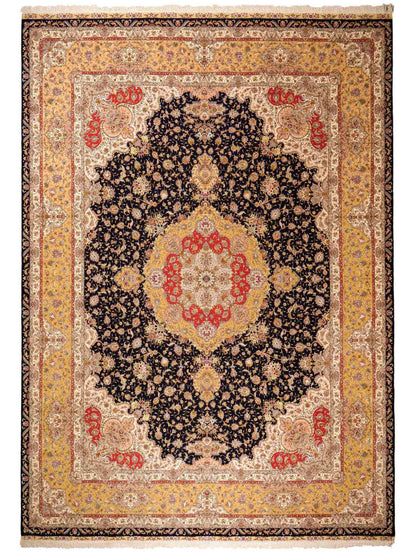 Sehr feiner, handgeknüpfter Khademi Orientteppich mit Täbriz Design aus Wolle mit Seide, blau, gelb. 361x275 cm. Vertrieb durch Jupiter Intl.