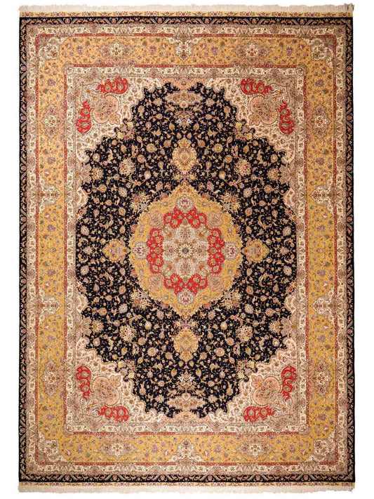 Sehr feiner, handgeknüpfter Khademi Orientteppich mit Täbriz Design aus Wolle mit Seide, blau, gelb. 361x275 cm. Vertrieb durch Jupiter Intl.