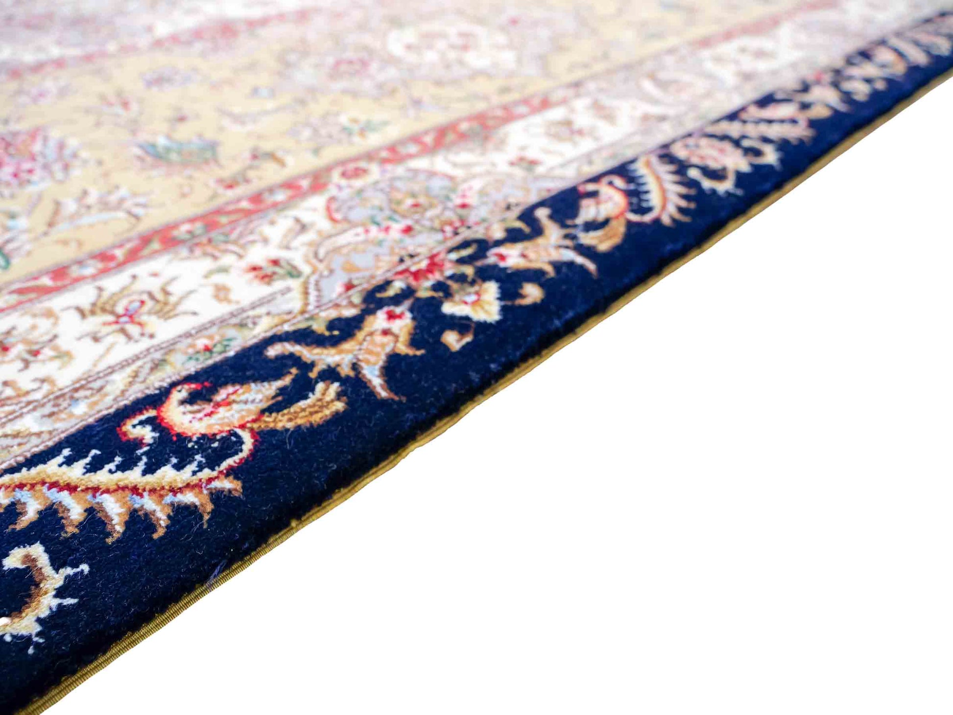 Sehr feiner, handgeknüpfter Khademi Orientteppich mit Täbriz Design aus Wolle mit Seide, blau, gelb. 361x275 cm. Vertrieb durch Jupiter Intl.