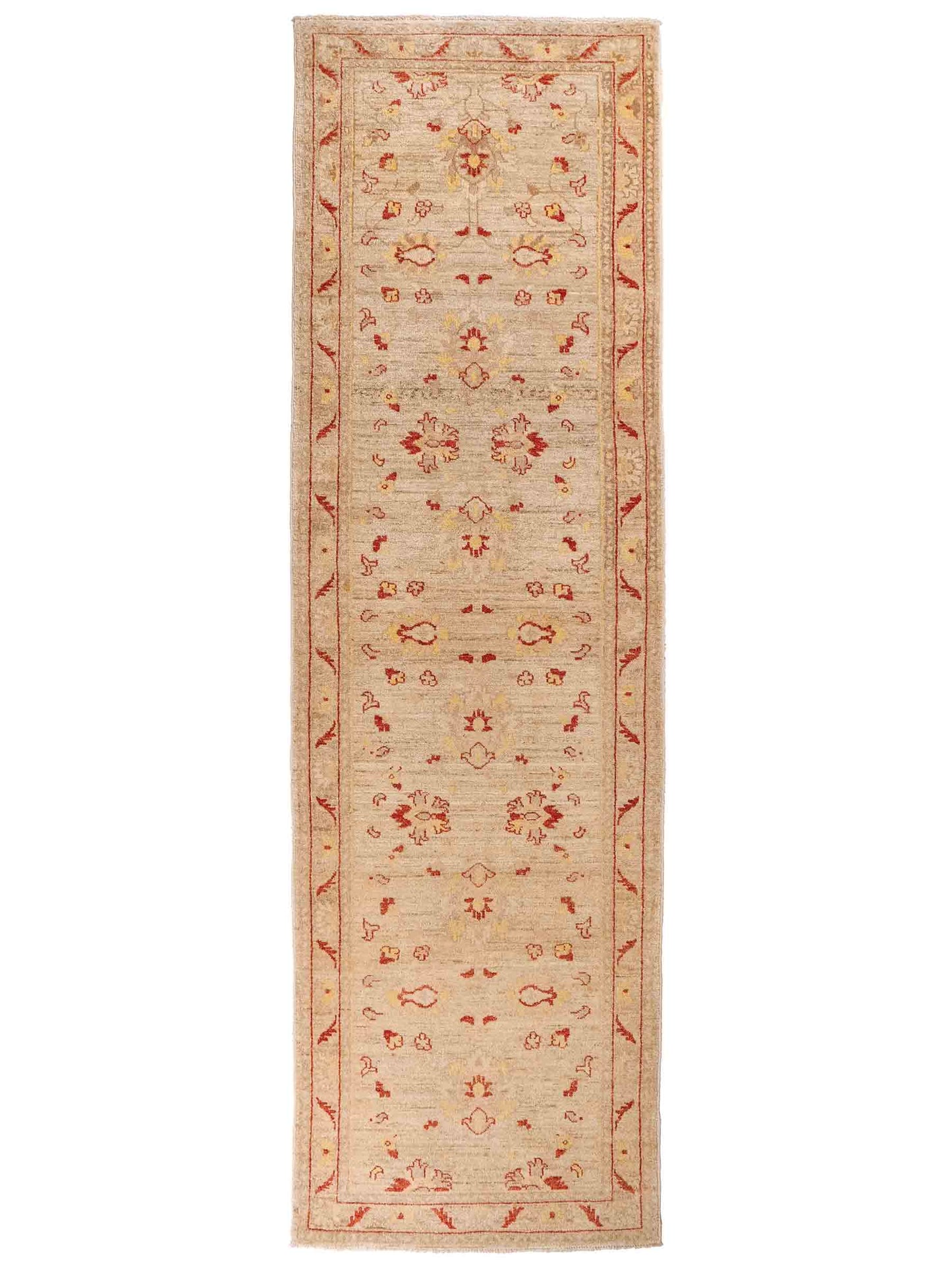 Feiner, handgeknüpfter afghanischer Ziegler-Teppich aus Wolle von Khademi. Farben: Cremeweiß, gold. Größe: 297 x 80 cm. Vertrieb durch JUPITER Intl.