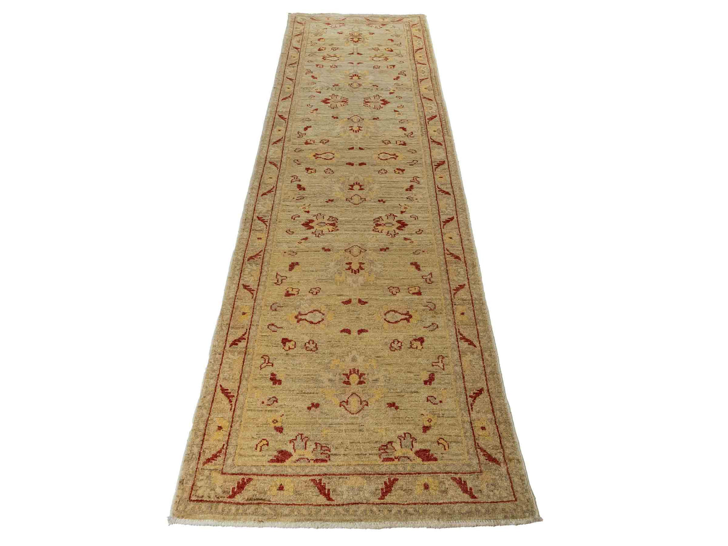 Feiner, handgeknüpfter afghanischer Ziegler-Teppich aus Wolle von Khademi. Farben: Cremeweiß, gold. Größe: 297 x 80 cm. Vertrieb durch JUPITER Intl.