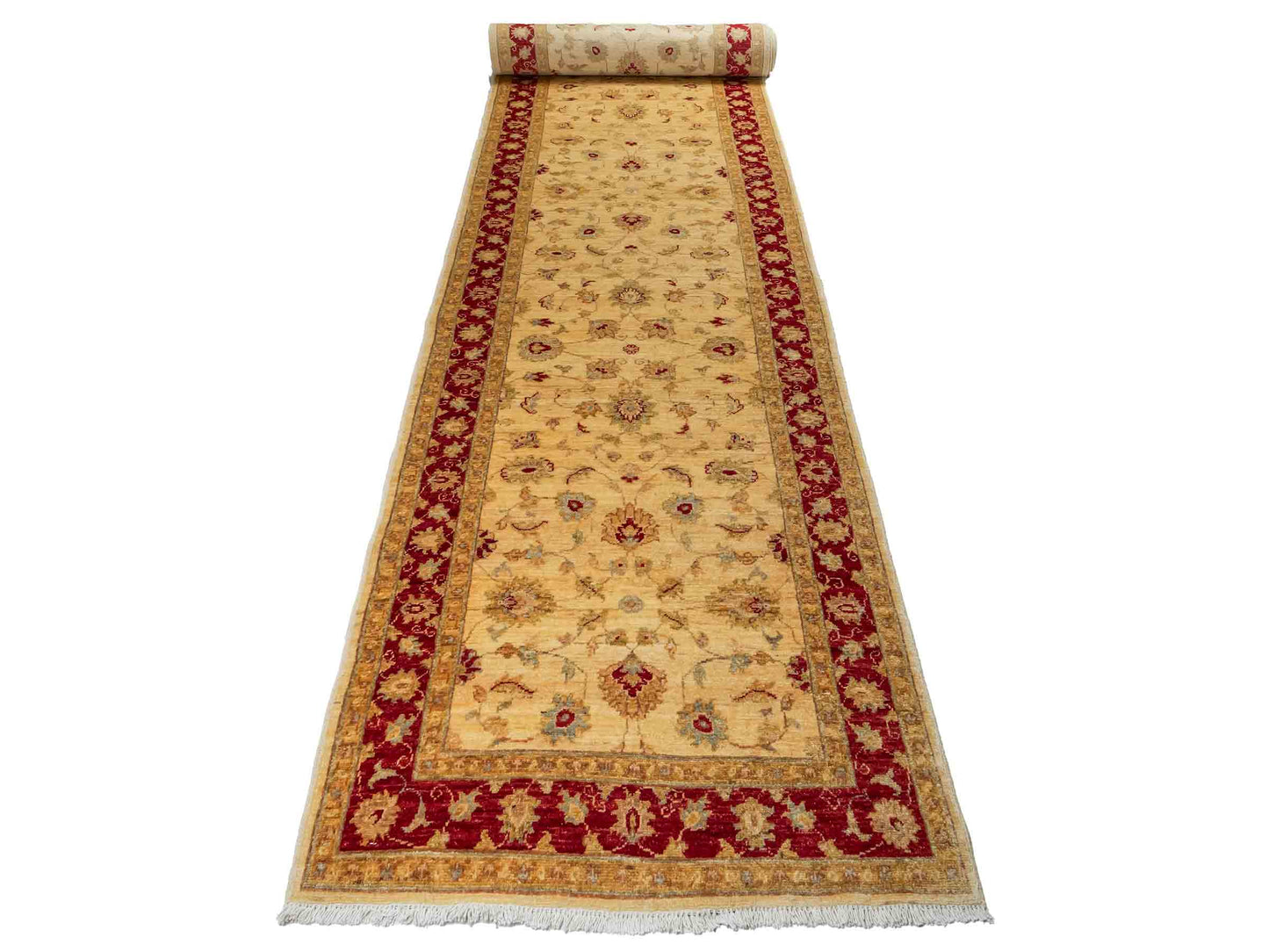 Handgeknüpfter, afghanischer Ziegler Farahan Orientteppich aus Wolle von Khademi. Größe: 588 x 104 cm, Läufer. Farbe: Beige, rot, gold. Verkauf durch JUPITER Intl.