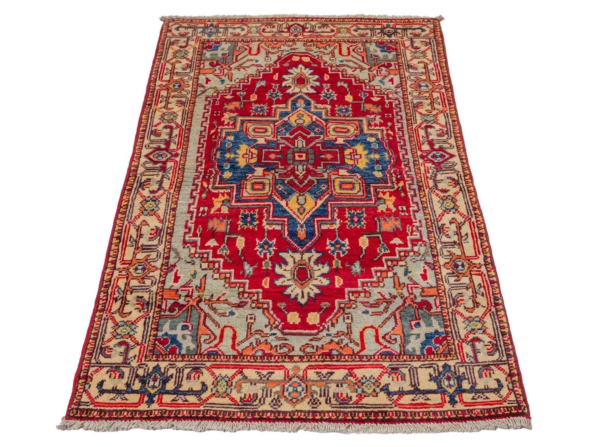 Feiner, handgeknüpfter Ziegler Kazak Chobi Orientteppich aus reiner Wolle mit geometrischem Medaillon-Muster von Khademi. Größe: 129 x 80 cm. Farbe: Rot. RB3-B2705. Ursprung: Afghanistan. Verkauf durch JUPITER Intl.