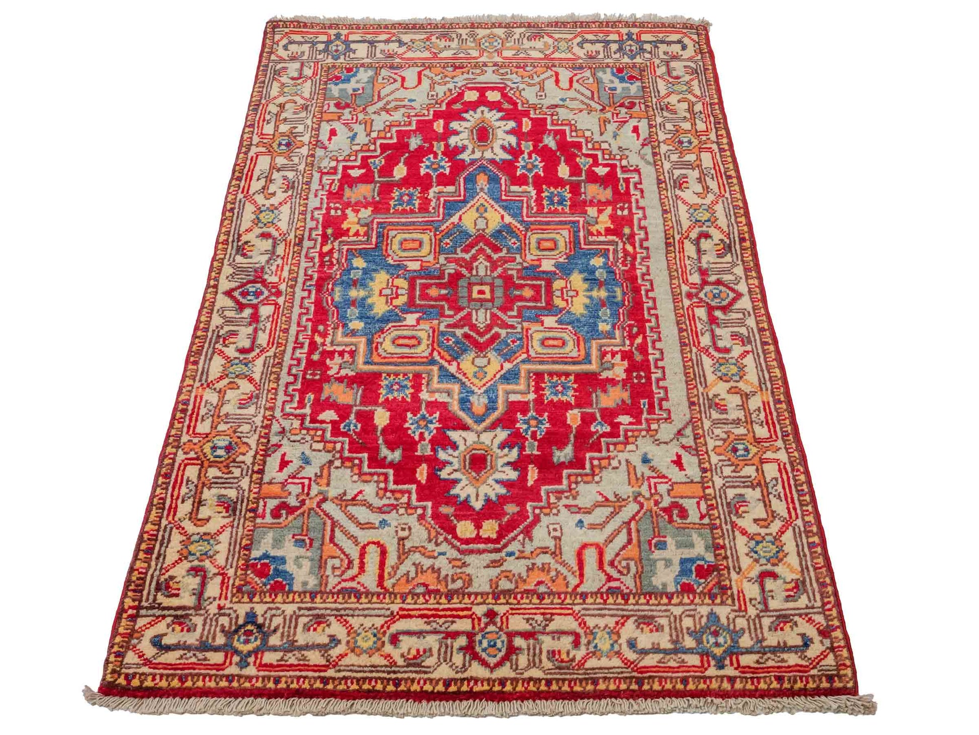 Feiner, handgeknüpfter Ziegler Kazak Chobi Orientteppich aus reiner Wolle mit geometrischem Medaillon-Muster von Khademi. Größe: 129 x 80 cm. Farbe: Rot. RB3-B2705. Ursprung: Afghanistan. Verkauf durch JUPITER Intl.
