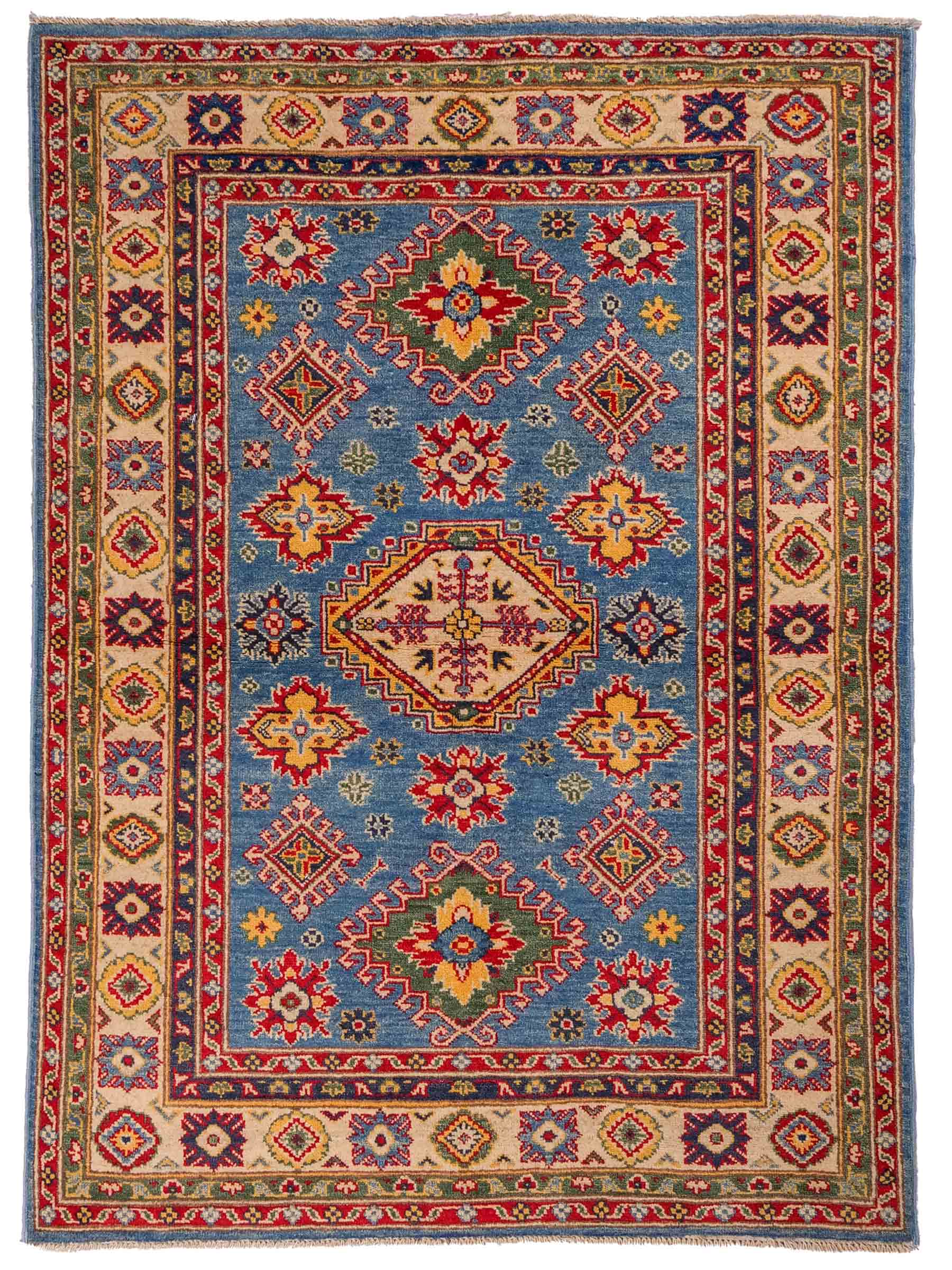 Feiner, handgeknüpfter Ziegler Kazak Chobi Orientteppich aus reiner Wolle mit geometrischem Medaillon-Muster von Khademi. Größe: 160 x 119 cm. Farbe: Blau, beige. RB3-B432. Ursprung: Afghanistan. Verkauf durch JUPITER Intl.
