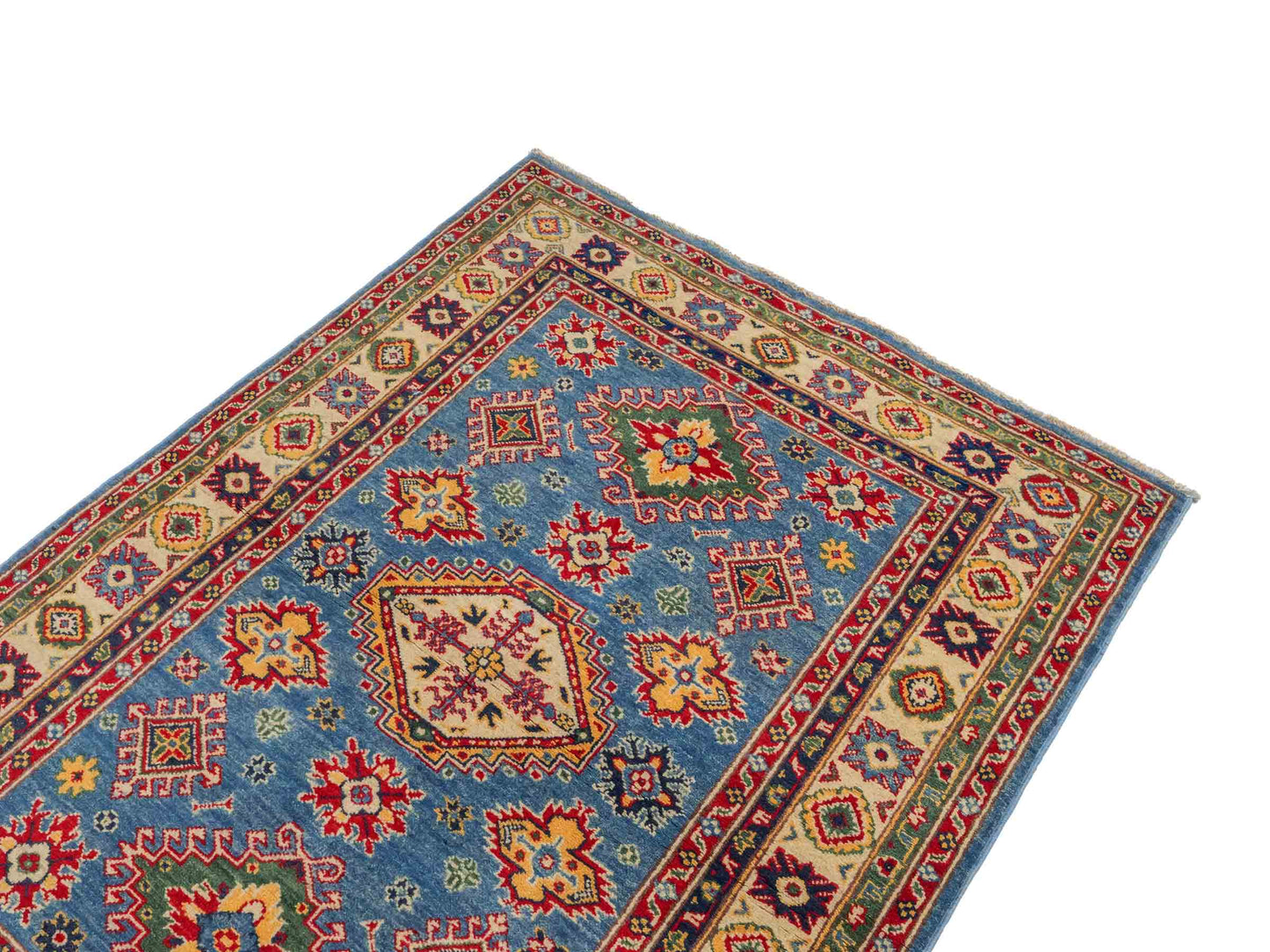 Feiner, handgeknüpfter Ziegler Kazak Chobi Orientteppich aus reiner Wolle mit geometrischem Medaillon-Muster von Khademi. Größe: 160 x 119 cm. Farbe: Blau, beige. RB3-B432. Ursprung: Afghanistan. Verkauf durch JUPITER Intl.