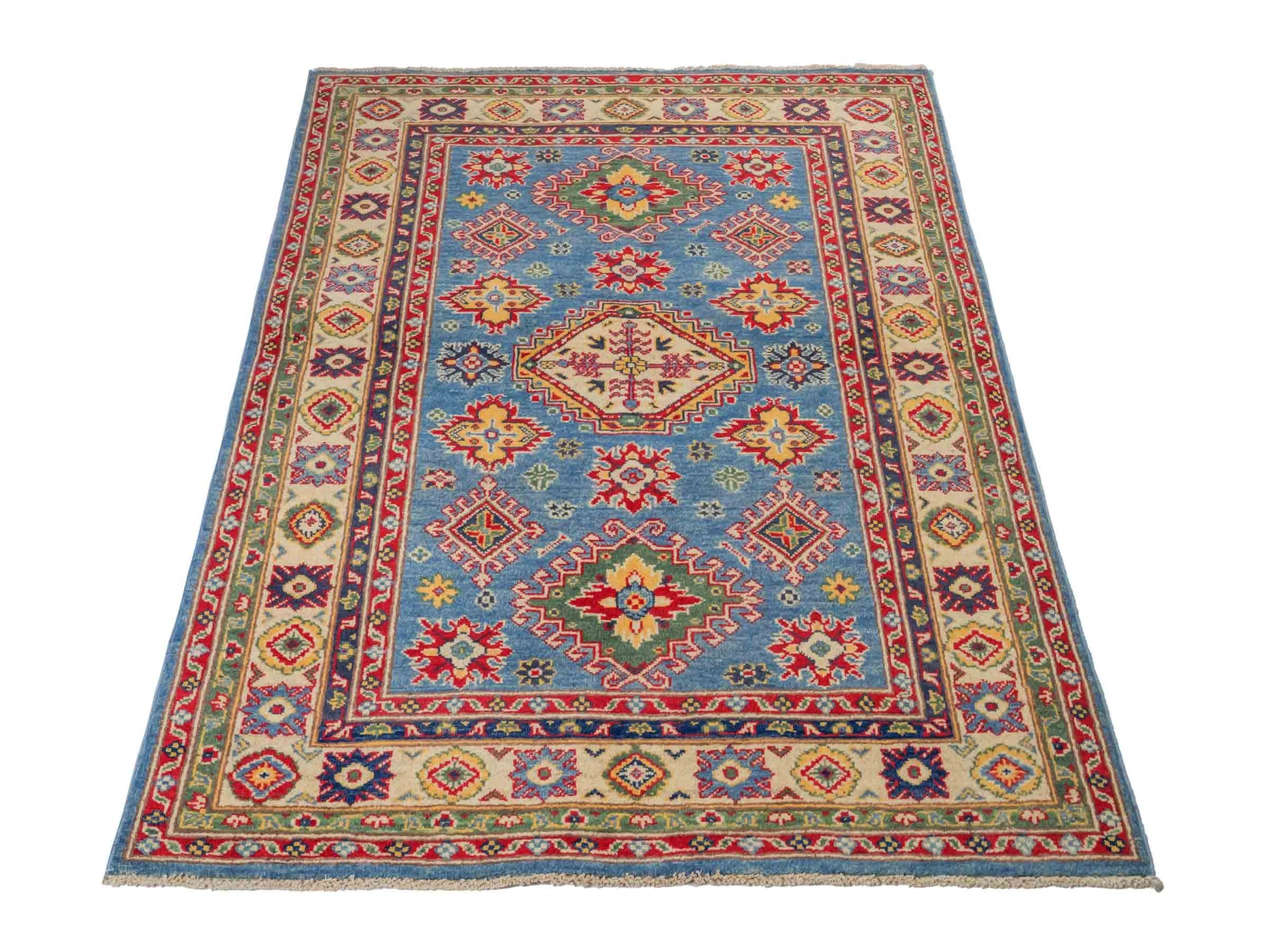 Feiner, handgeknüpfter Ziegler Kazak Chobi Orientteppich aus reiner Wolle mit geometrischem Medaillon-Muster von Khademi. Größe: 160 x 119 cm. Farbe: Blau, beige. RB3-B432. Ursprung: Afghanistan. Verkauf durch JUPITER Intl.