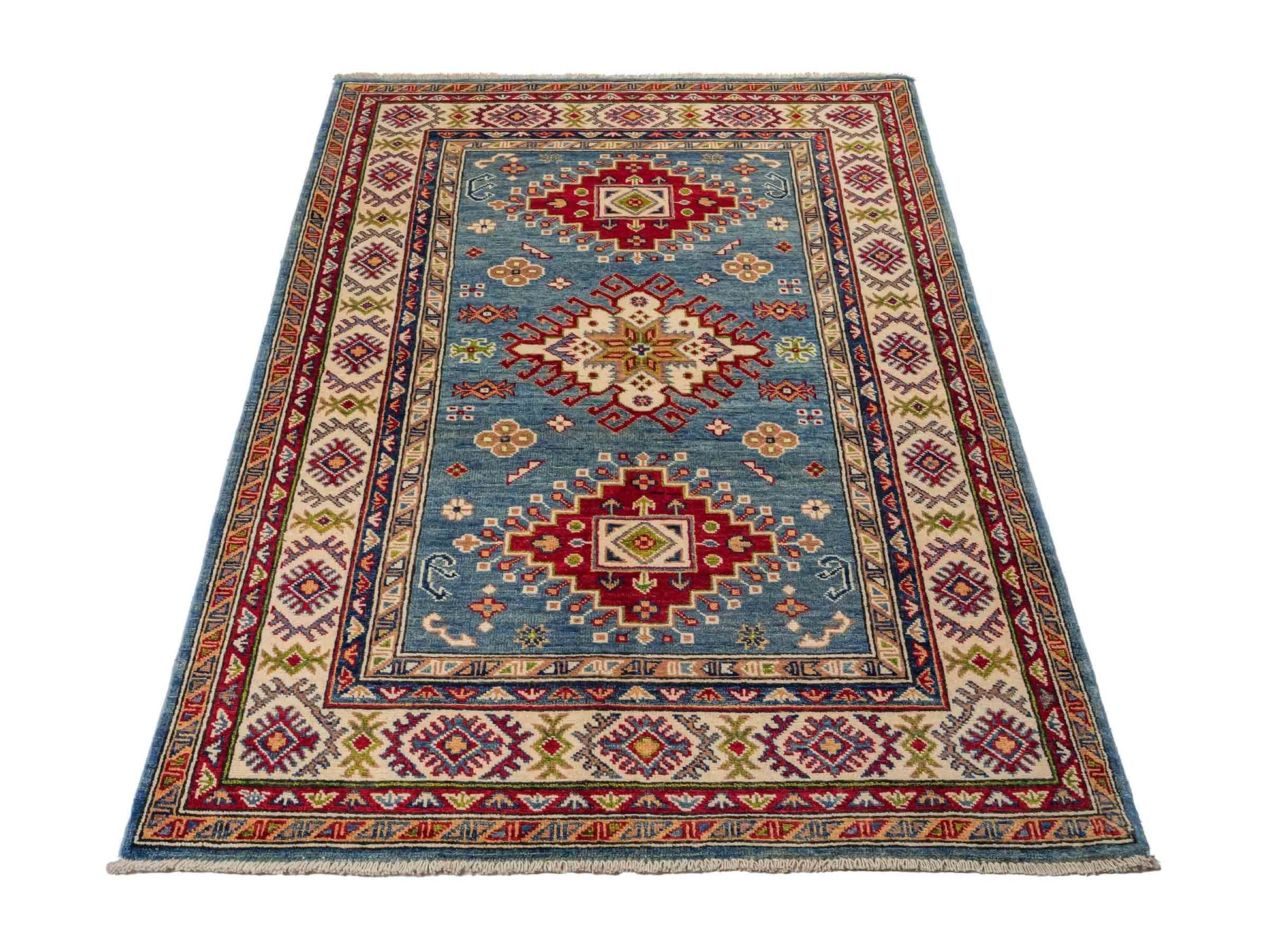 Feiner, handgeknüpfter Ziegler Kazak Chobi Orientteppich aus reiner Wolle mit geometrischem Medaillon-Muster von Khademi. Größe: 170 x 110 cm. Farbe: Blau, beige. RB3-B1817. Ursprung: Afghanistan. Verkauf durch JUPITER Intl.