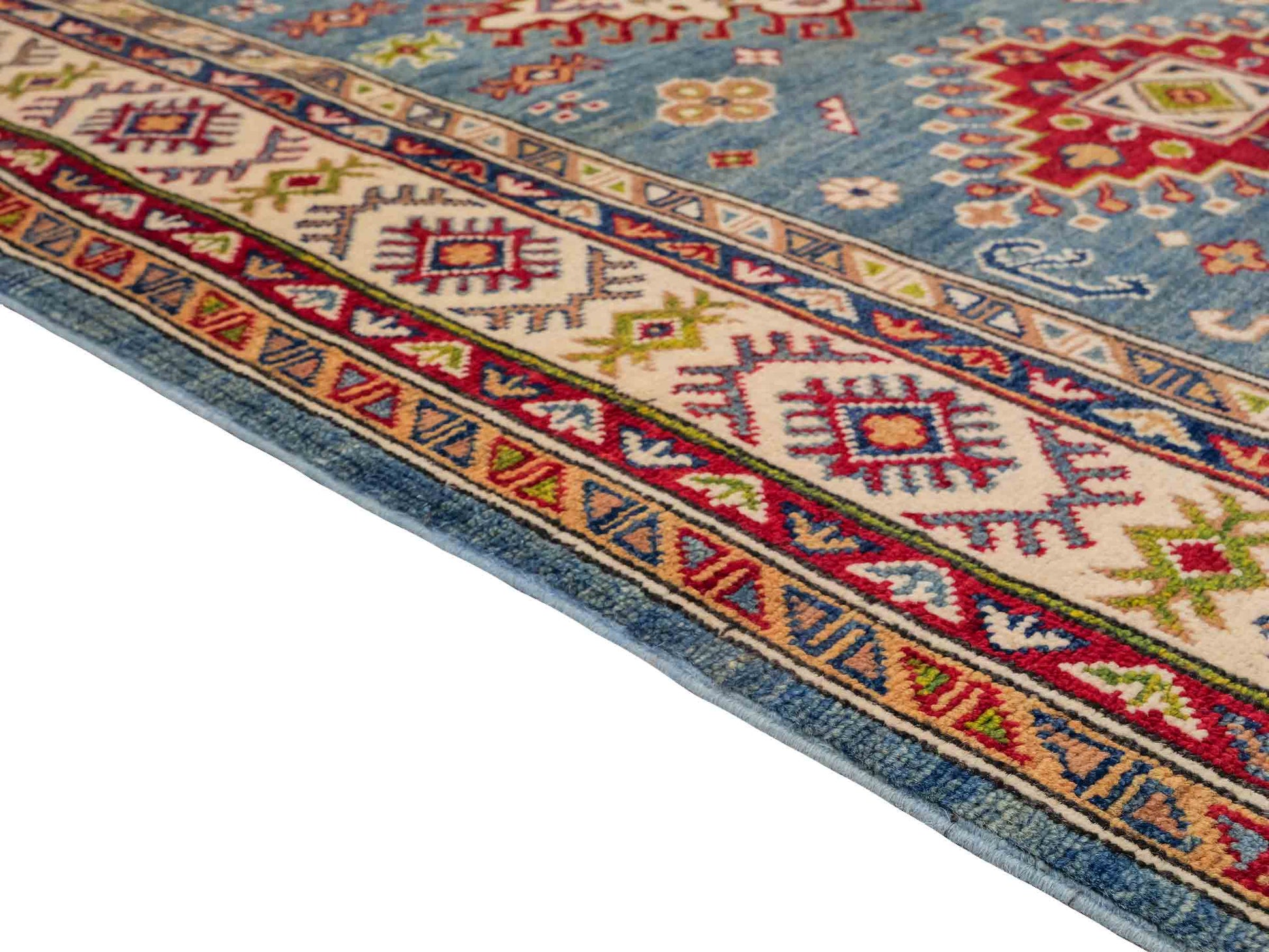 Feiner, handgeknüpfter Ziegler Kazak Chobi Orientteppich aus reiner Wolle mit geometrischem Medaillon-Muster von Khademi. Größe: 170 x 110 cm. Farbe: Blau, beige. RB3-B1817. Ursprung: Afghanistan. Verkauf durch JUPITER Intl.