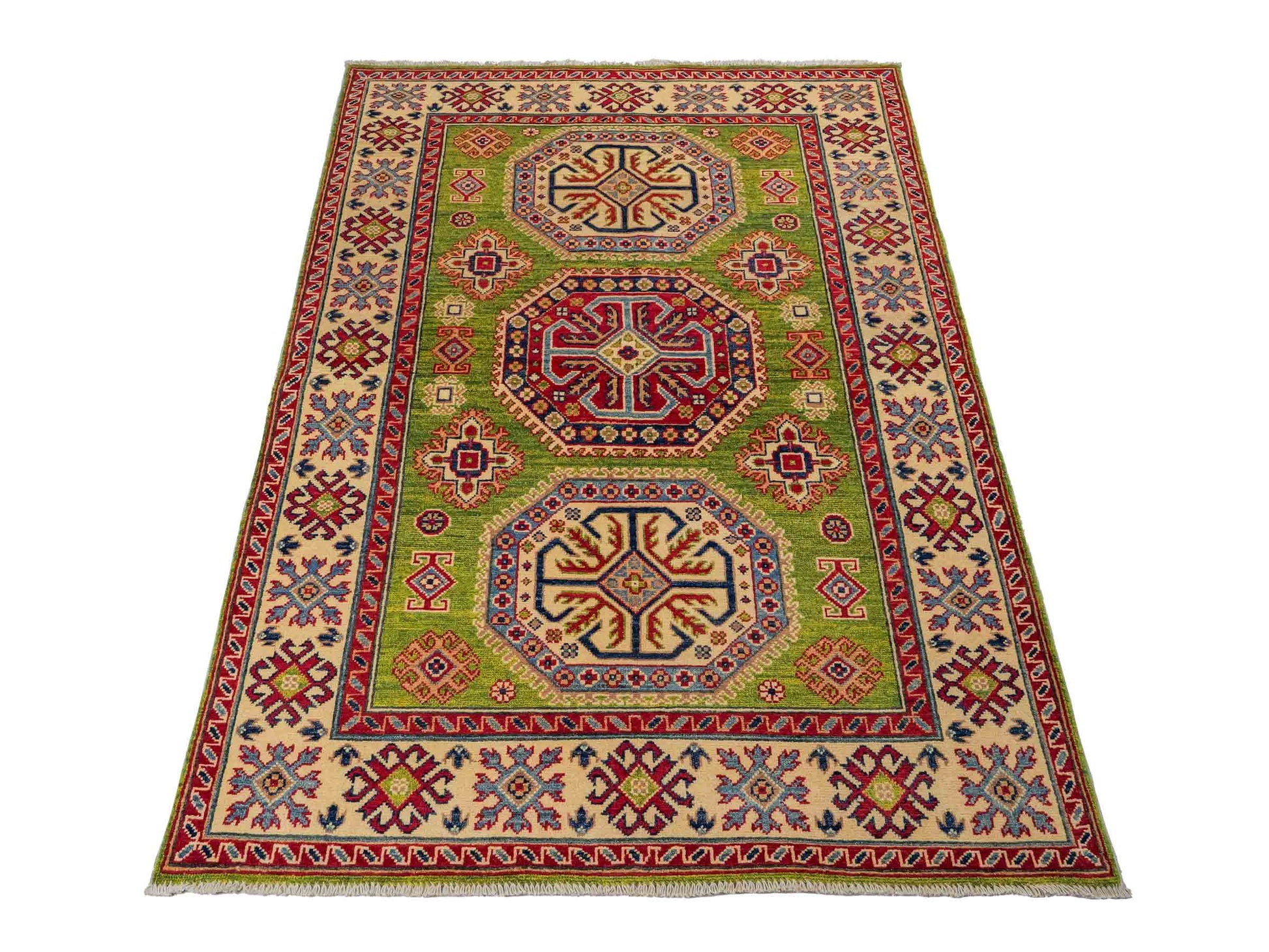 Feiner, handgeknüpfter Ziegler Kazak Chobi Orientteppich aus reiner Wolle mit geometrischem Medaillon-Muster von Khademi. Größe: 174 x 120 cm. Farbe: Grün. RB3-B1814. Ursprung: Afghanistan. Verkauf durch JUPITER Intl.