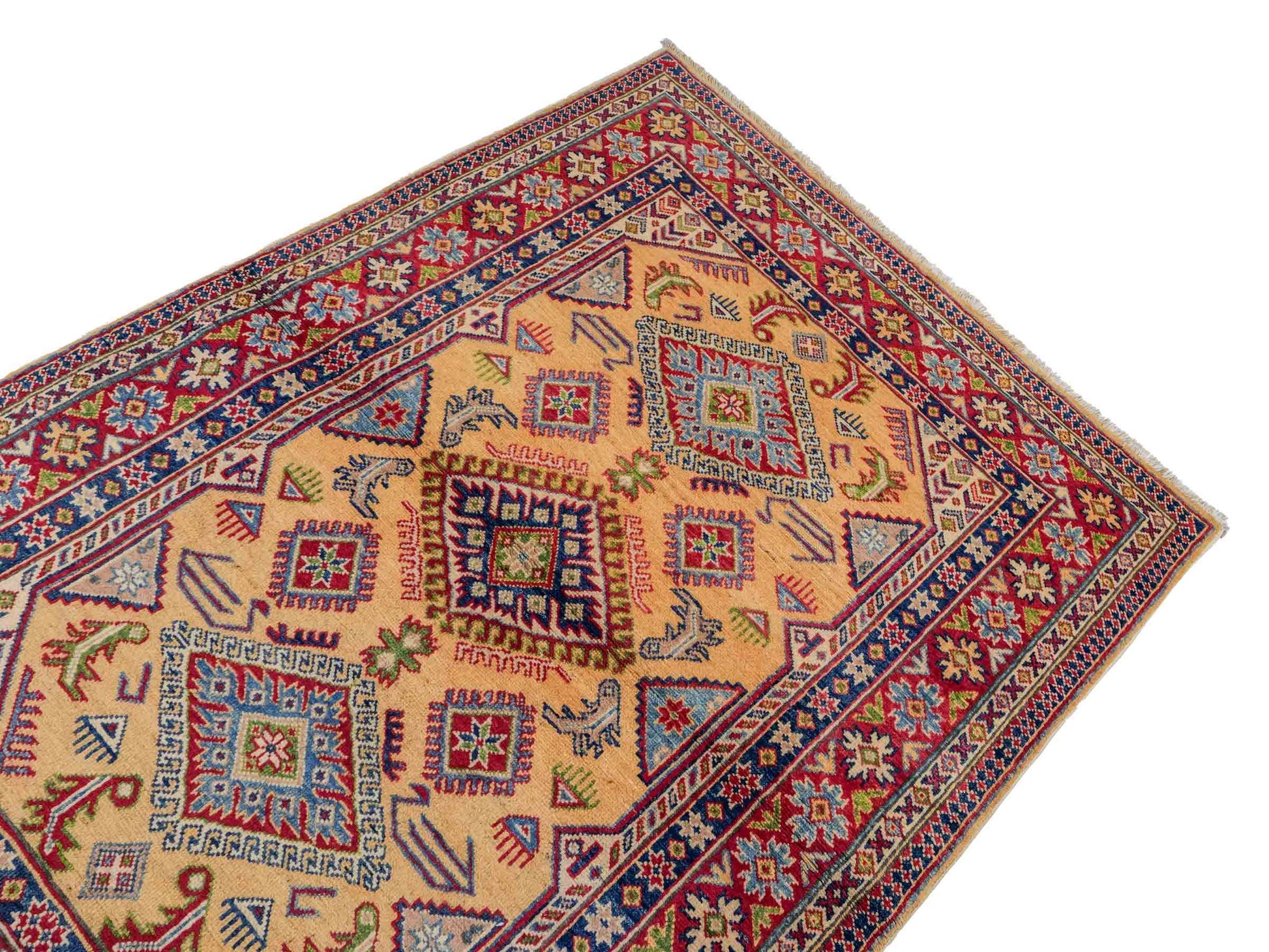 Feiner, handgeknüpfter Ziegler Kazak Chobi Orientteppich aus reiner Wolle mit geometrischem Medaillon-Muster von Khademi. Größe: 178 x 122 cm. Farbe: Gelb, gold, beige. RB3-B2675. Ursprung: Afghanistan. Verkauf durch JUPITER Intl.