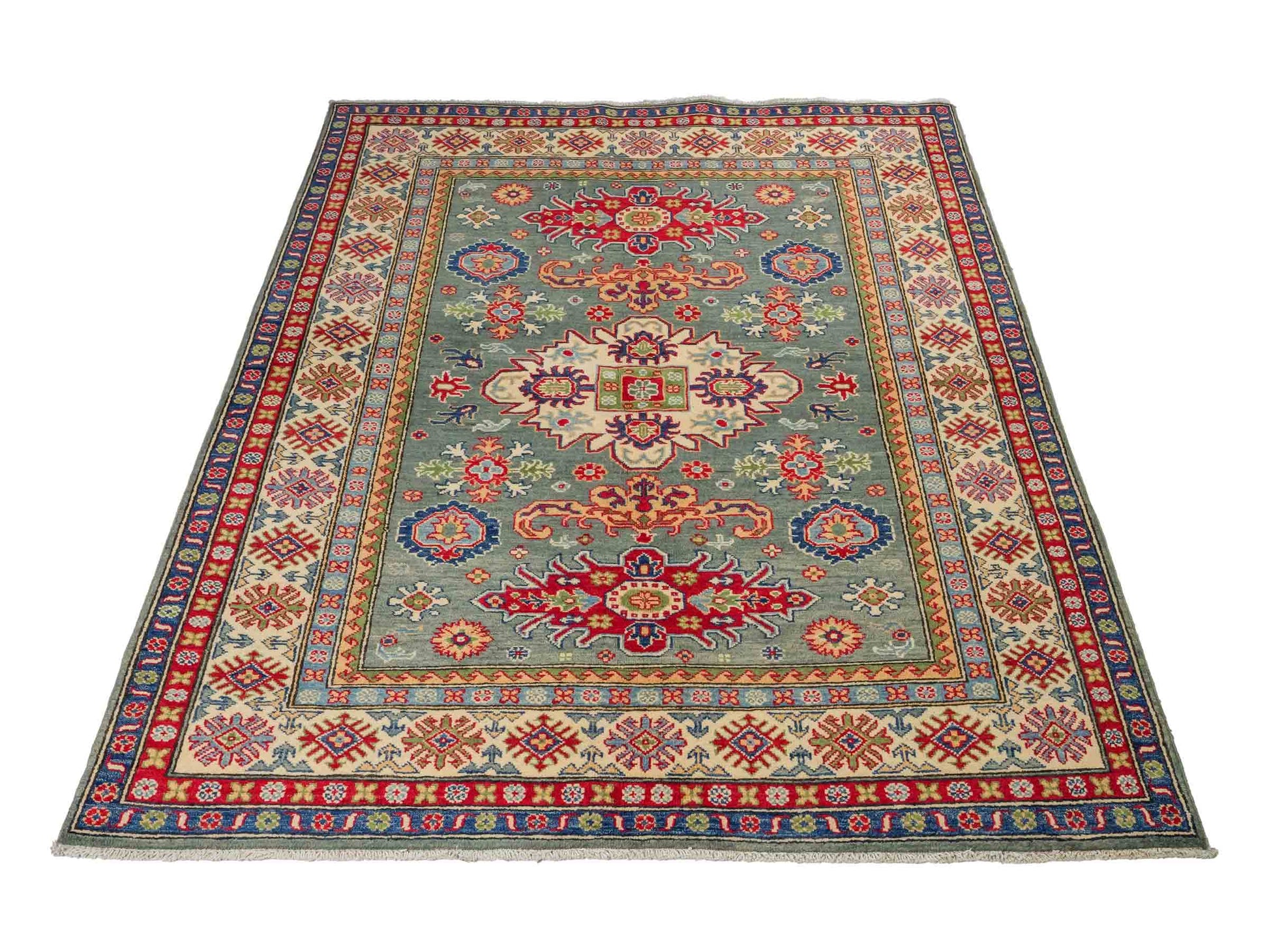 Feiner, handgeknüpfter Ziegler Kazak Chobi Orientteppich aus reiner Wolle mit geometrischem Medaillon-Muster von Khademi. Größe: 186 x 148 cm. Farbe: Grün, beige. RB3-B480. Ursprung: Afghanistan. Verkauf durch JUPITER Intl.