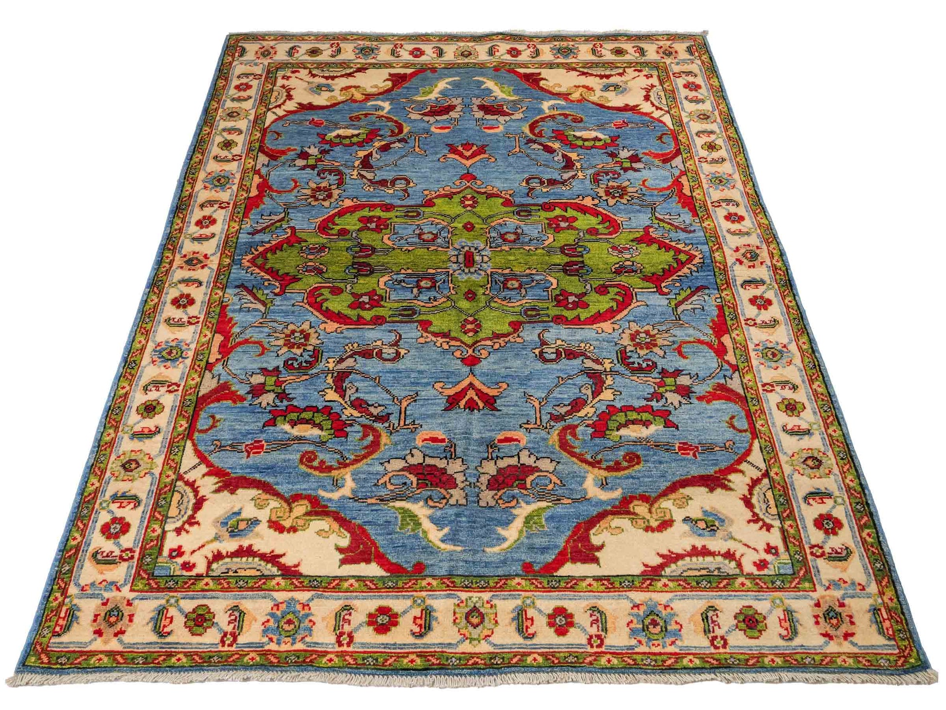 Feiner, handgeknüpfter Ziegler Kazak Chobi Orientteppich aus reiner Wolle mit geometrischem Medaillon-Muster von Khademi. Größe: 189 x 145 cm. Farbe: Blau. RB3-B2725. Ursprung: Afghanistan. Verkauf durch JUPITER Intl.