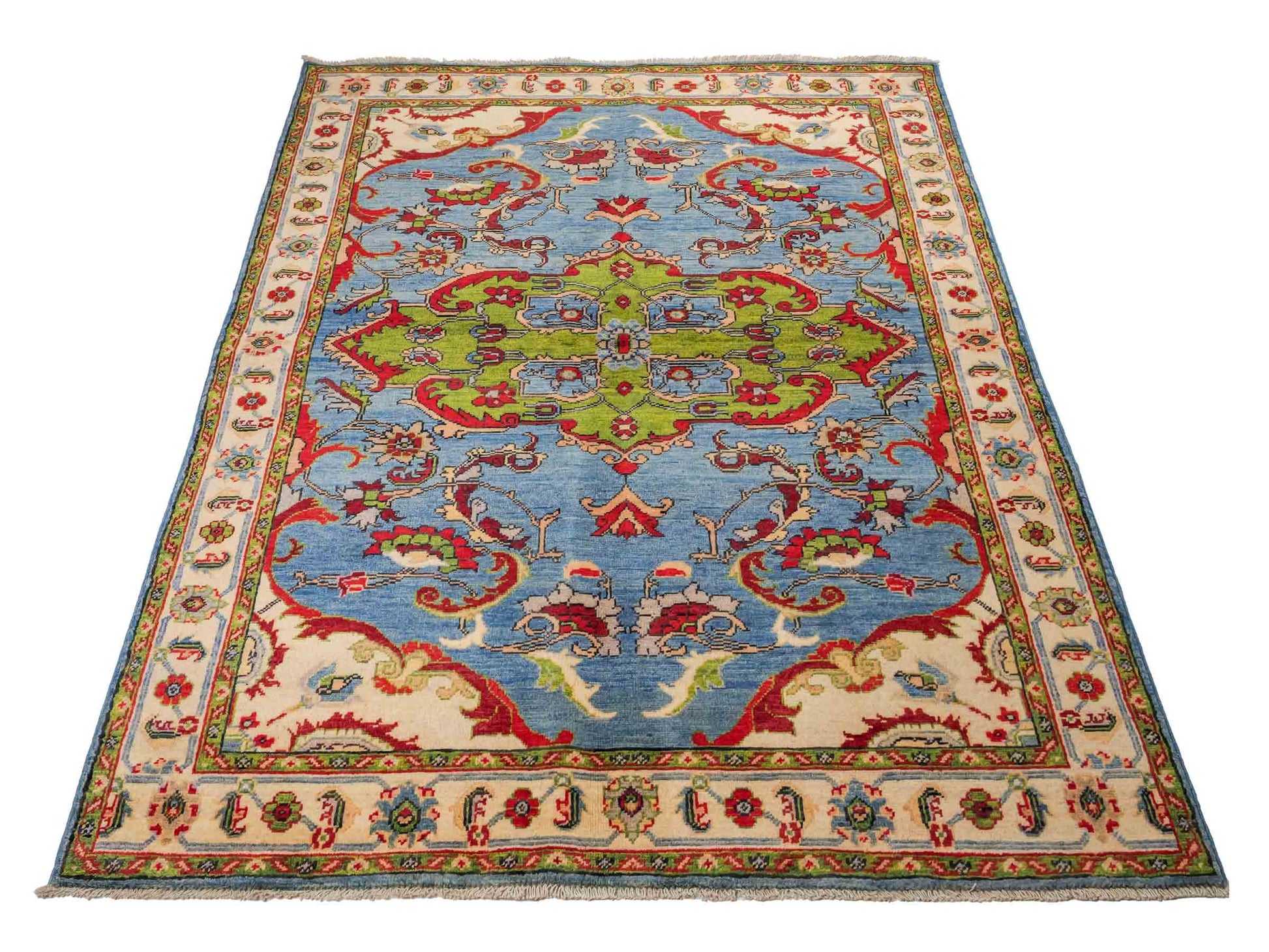 Feiner, handgeknüpfter Ziegler Kazak Chobi Orientteppich aus reiner Wolle mit geometrischem Medaillon-Muster von Khademi. Größe: 189 x 145 cm. Farbe: Blau. RB3-B2725. Ursprung: Afghanistan. Verkauf durch JUPITER Intl.