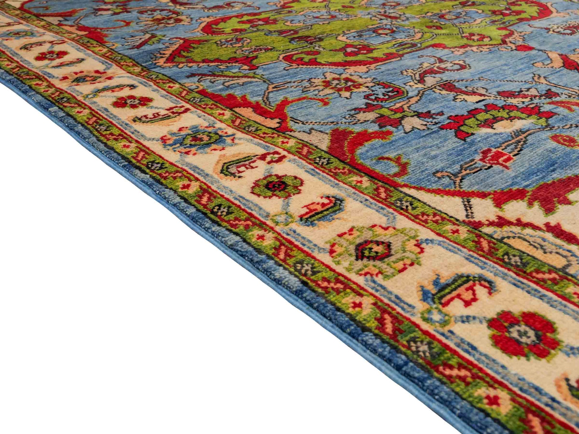 Feiner, handgeknüpfter Ziegler Kazak Chobi Orientteppich aus reiner Wolle mit geometrischem Medaillon-Muster von Khademi. Größe: 189 x 145 cm. Farbe: Blau. RB3-B2725. Ursprung: Afghanistan. Verkauf durch JUPITER Intl.