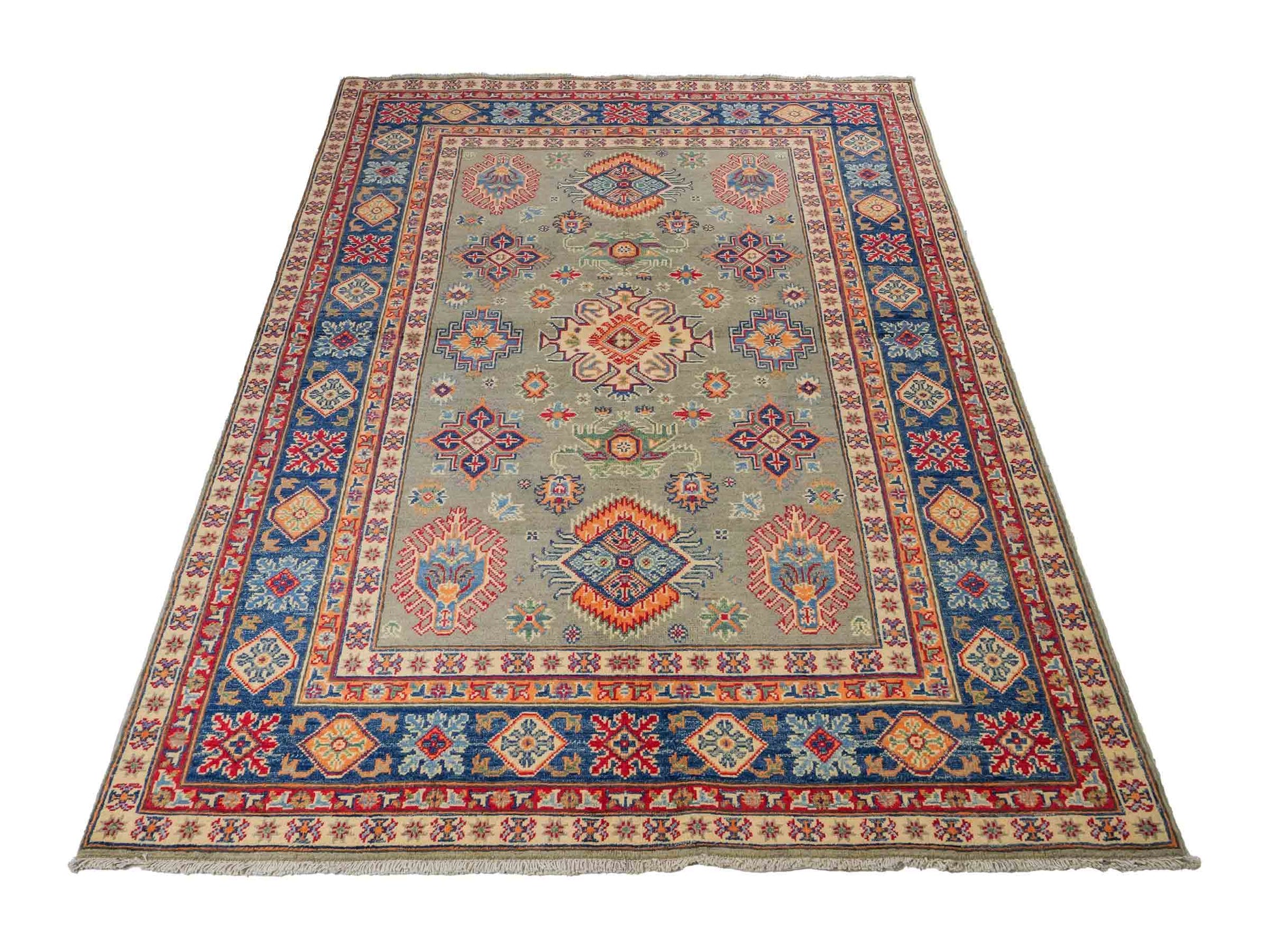 Feiner, handgeknüpfter Ziegler Kazak Chobi Orientteppich aus reiner Wolle mit geometrischem Allover-Muster von Khademi. Größe: 205 x 144 cm. Farbe: Grün. RB3-B1810. Ursprung: Afghanistan. Verkauf durch JUPITER Intl.