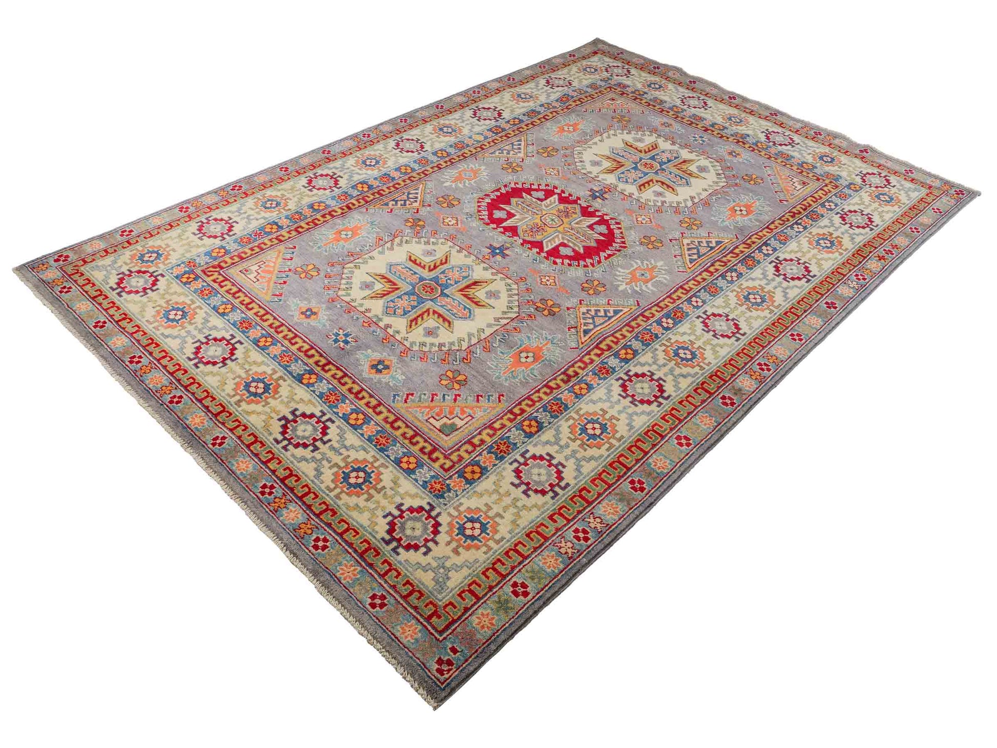 Feiner, handgeknüpfter Ziegler Kazak Chobi Orientteppich aus reiner Wolle mit geometrischem Medaillon-Muster von Khademi. Größe: 271 x 181 cm. Farbe: Grau. RB3-B508. Ursprung: Afghanistan. Verkauf durch JUPITER Intl.