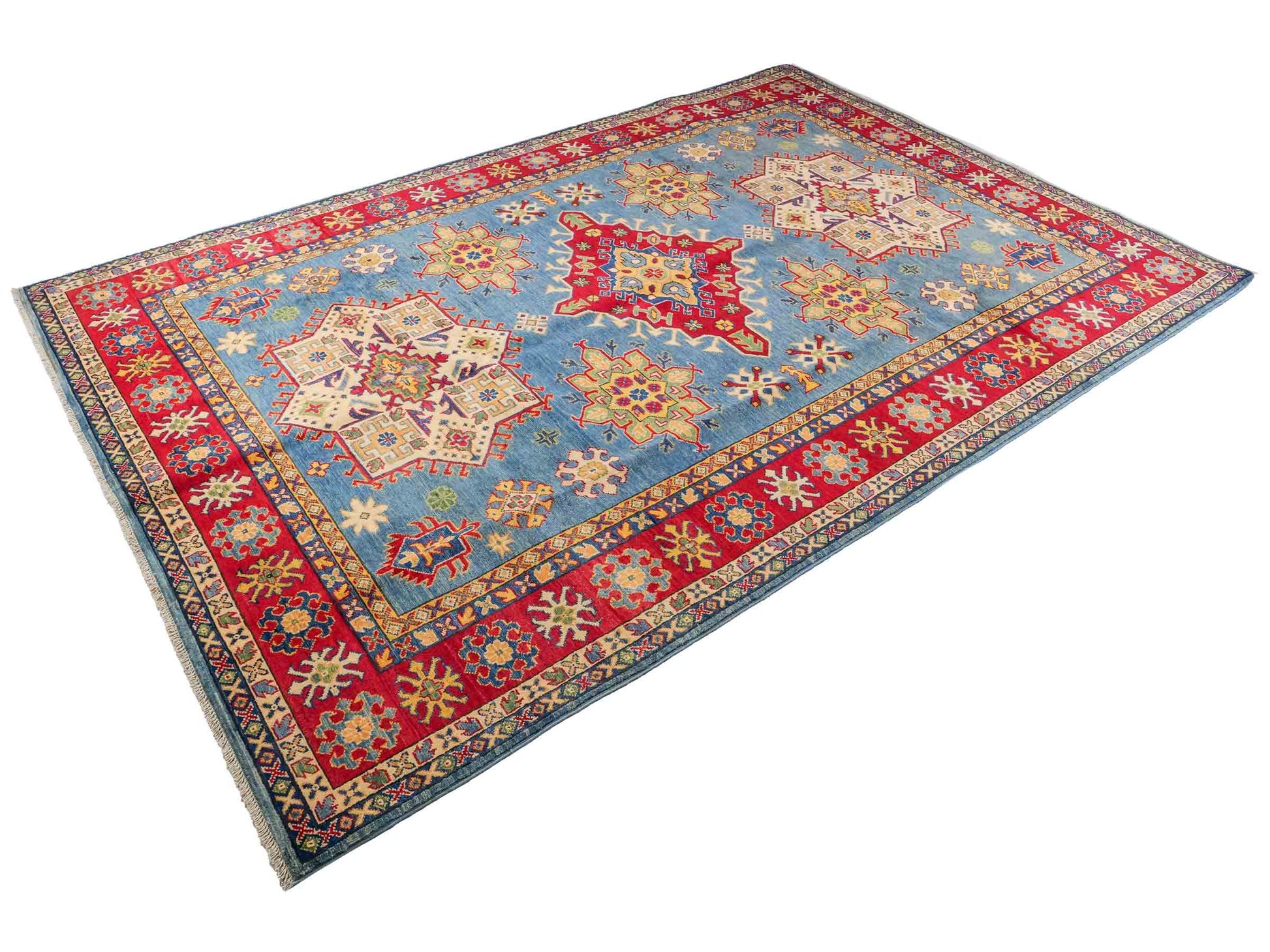 Feiner, handgeknüpfter Ziegler Kazak Chobi Orientteppich aus reiner Wolle mit geometrischem Medaillon-Muster von Khademi. Größe: 292 x 196 cm. Farbe: Blau, rot. RB3-B281. Ursprung: Afghanistan. Verkauf durch JUPITER Intl.