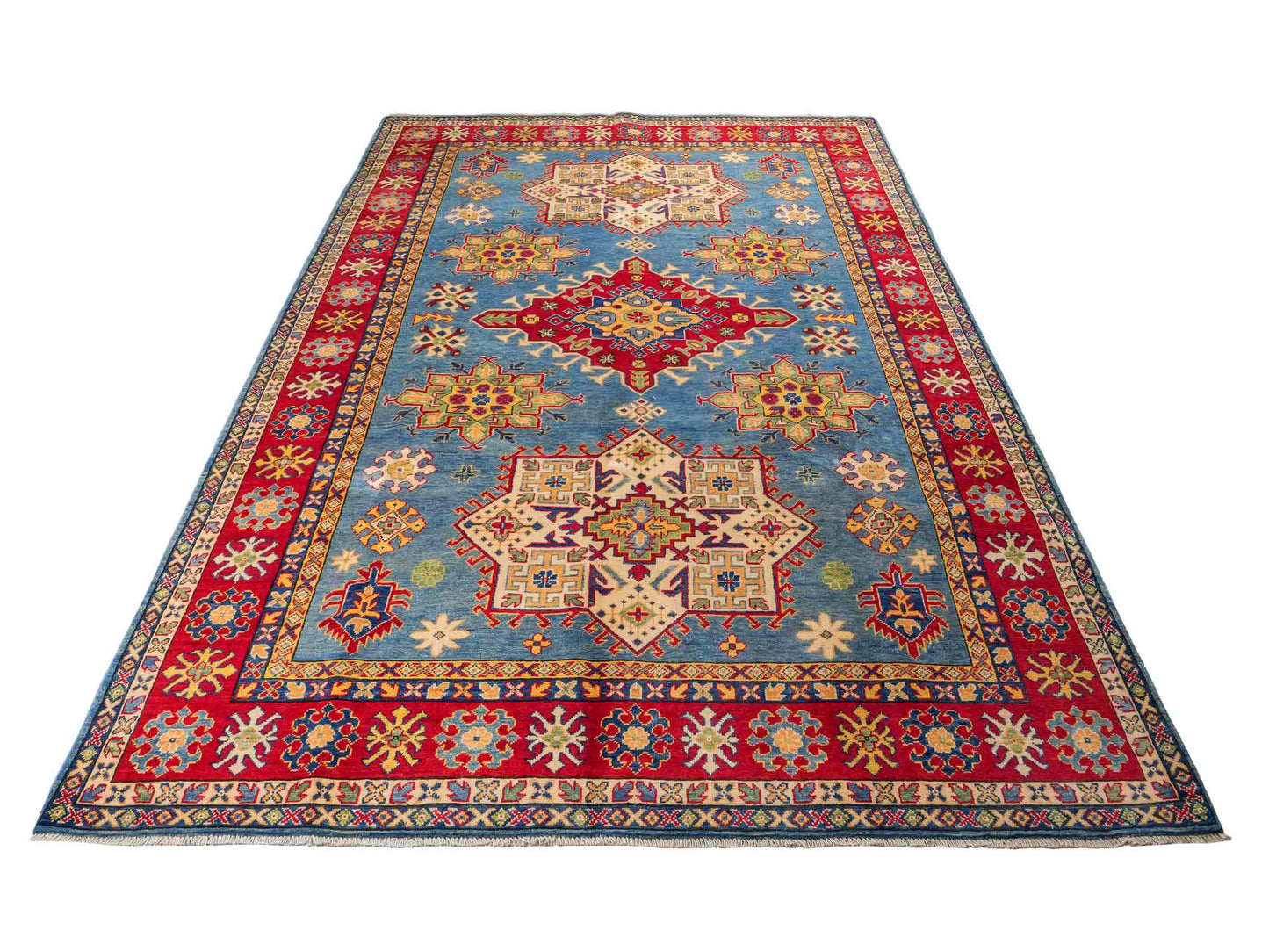 Feiner, handgeknüpfter Ziegler Kazak Chobi Orientteppich aus reiner Wolle mit geometrischem Medaillon-Muster von Khademi. Größe: 292 x 196 cm. Farbe: Blau, rot. RB3-B281. Ursprung: Afghanistan. Verkauf durch JUPITER Intl.