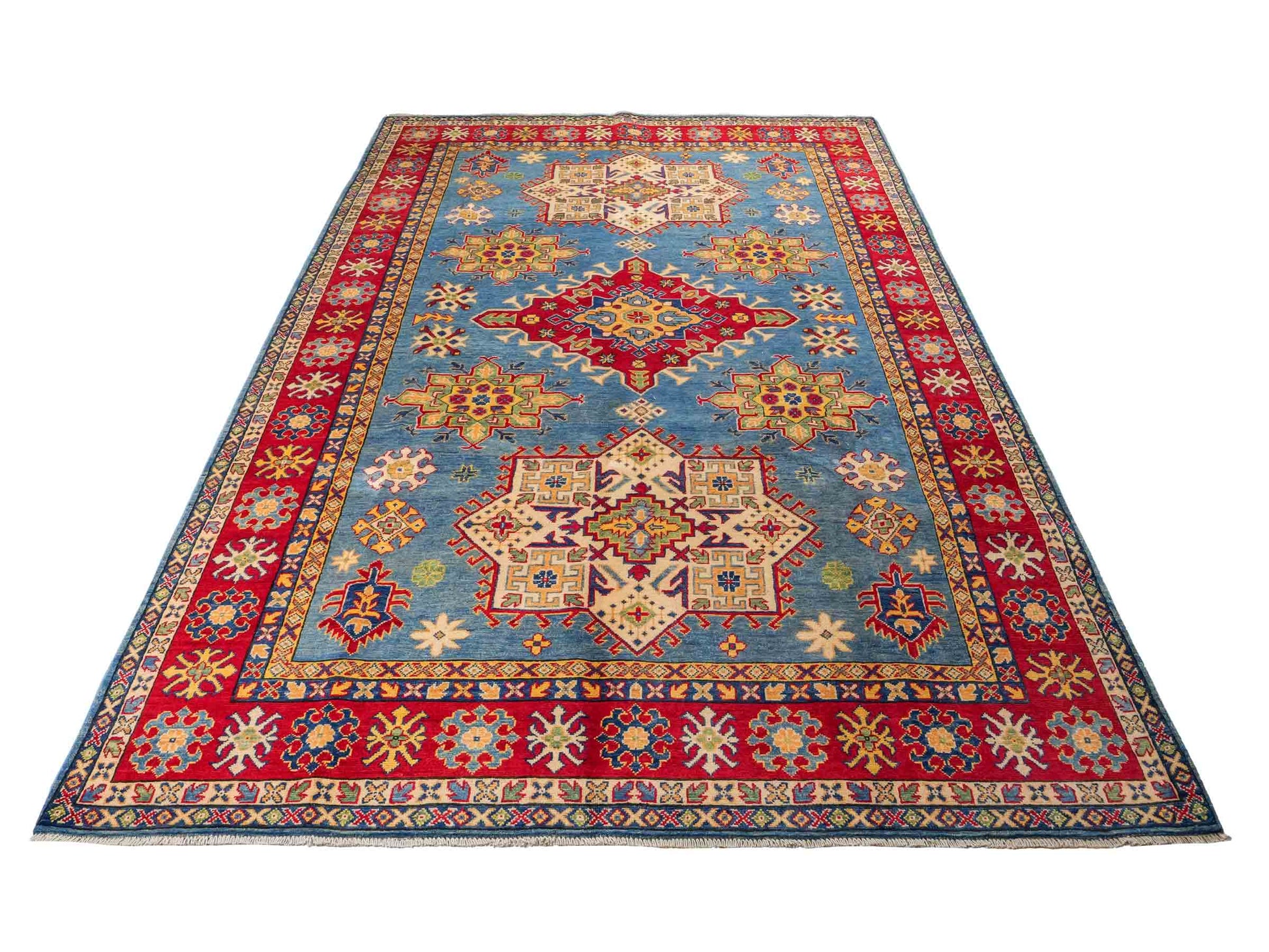 Feiner, handgeknüpfter Ziegler Kazak Chobi Orientteppich aus reiner Wolle mit geometrischem Medaillon-Muster von Khademi. Größe: 292 x 196 cm. Farbe: Blau, rot. RB3-B281. Ursprung: Afghanistan. Verkauf durch JUPITER Intl.