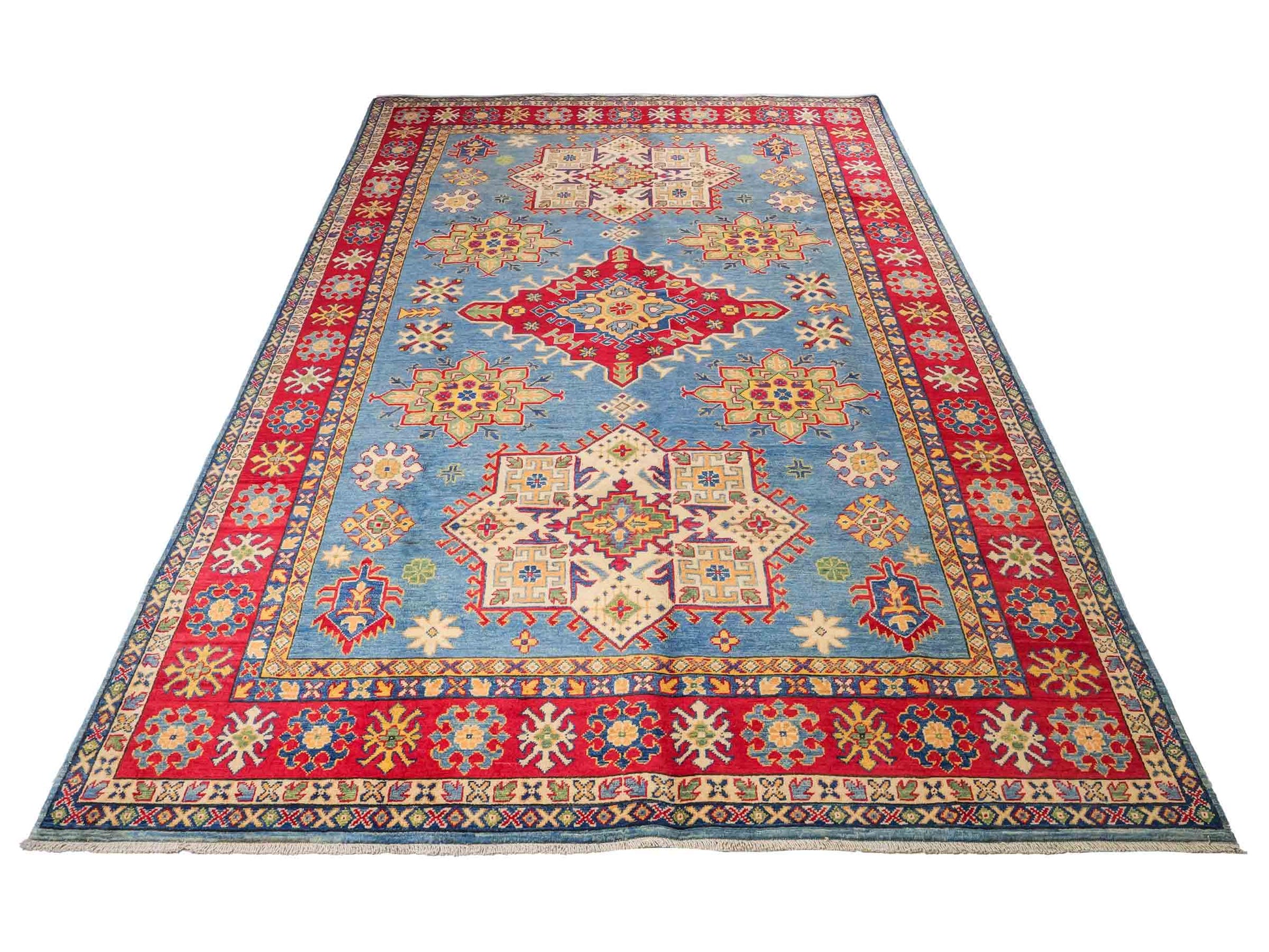 Feiner, handgeknüpfter Ziegler Kazak Chobi Orientteppich aus reiner Wolle mit geometrischem Medaillon-Muster von Khademi. Größe: 292 x 196 cm. Farbe: Blau, rot. RB3-B281. Ursprung: Afghanistan. Verkauf durch JUPITER Intl.