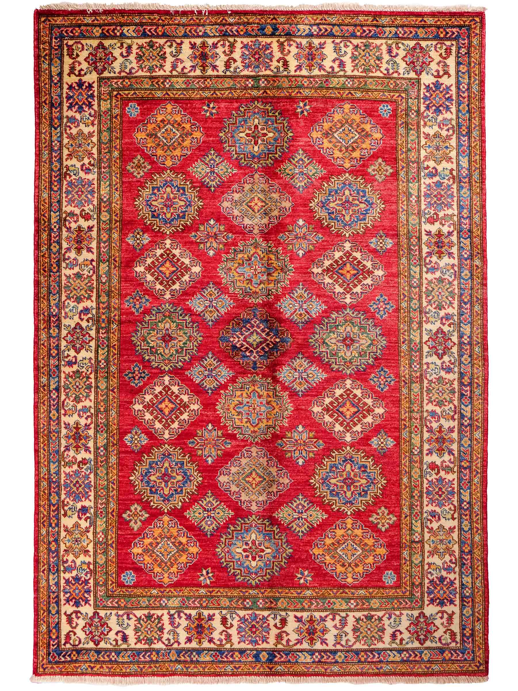 Handgeknüpfter, afghanischer Ziegler Orientteppich aus Wolle von Khademi. Größe: 206 x 148 cm. Farbe: Rot, cremeweiß. Verkauf durch JUPITER Intl.