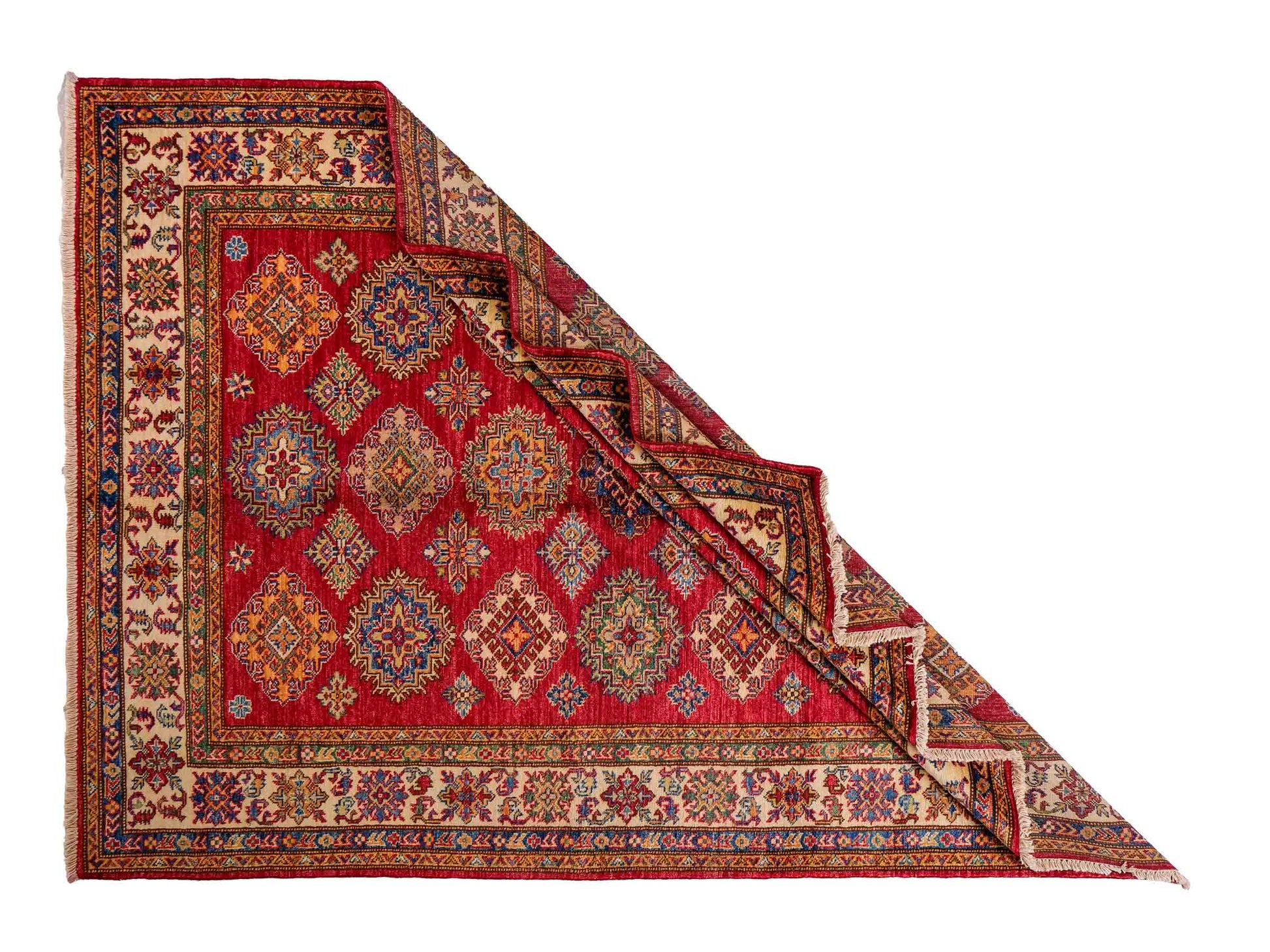 Handgeknüpfter, afghanischer Ziegler Orientteppich aus Wolle von Khademi. Größe: 206 x 148 cm. Farbe: Rot, cremeweiß. Verkauf durch JUPITER Intl.