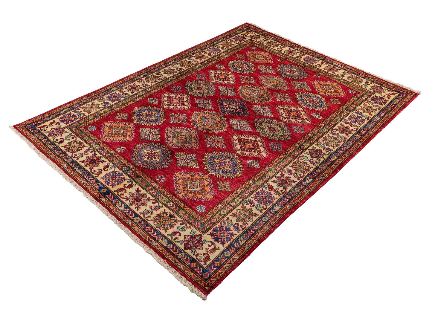 Handgeknüpfter, afghanischer Ziegler Orientteppich aus Wolle von Khademi. Größe: 206 x 148 cm. Farbe: Rot, cremeweiß. Verkauf durch JUPITER Intl.