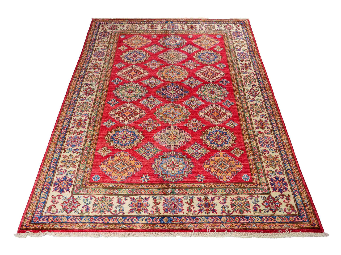 Handgeknüpfter, afghanischer Ziegler Orientteppich aus Wolle von Khademi. Größe: 206 x 148 cm. Farbe: Rot, cremeweiß. Verkauf durch JUPITER Intl.
