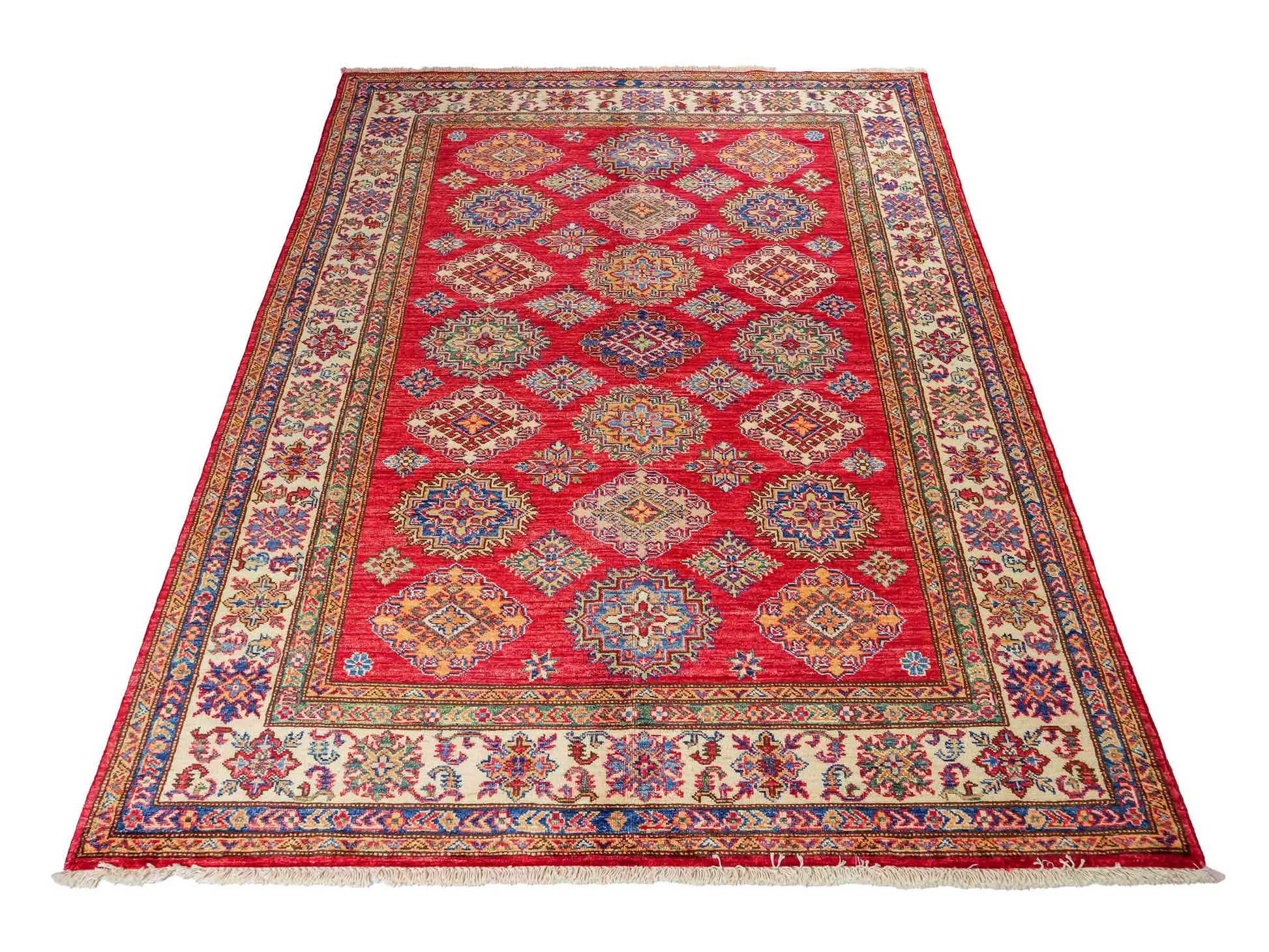Handgeknüpfter, afghanischer Ziegler Orientteppich aus Wolle von Khademi. Größe: 206 x 148 cm. Farbe: Rot, cremeweiß. Verkauf durch JUPITER Intl.