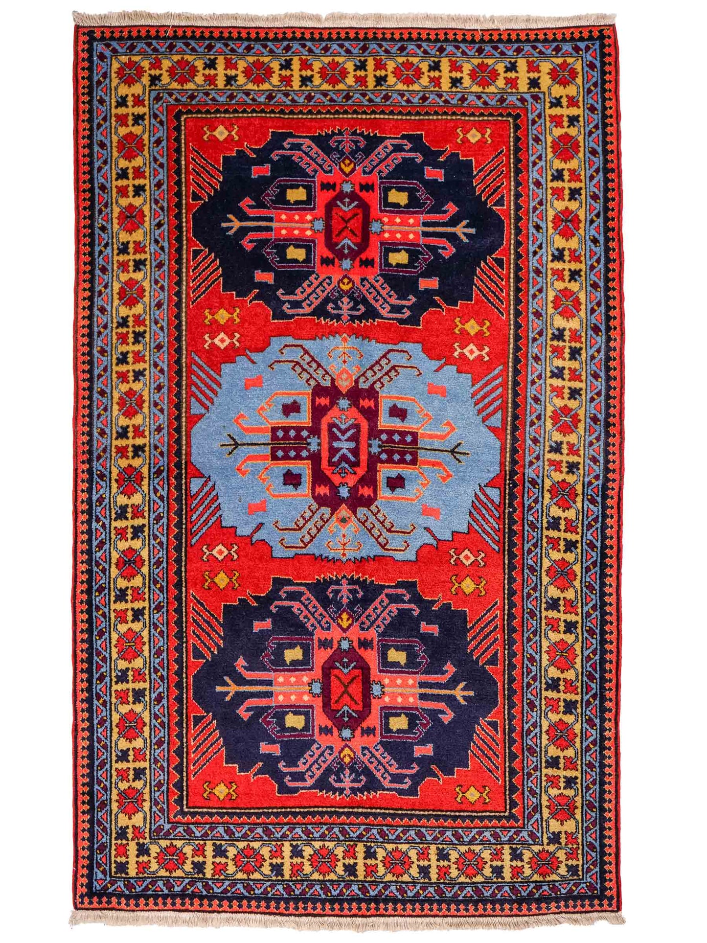 Handgeknüpfter, persischer Ardebil Dorfteppich aus Wolle von Khademi. Farbe: Rot, blau. Größe: 190 x 130 cm. Verkauf durch JUPITER Intl.