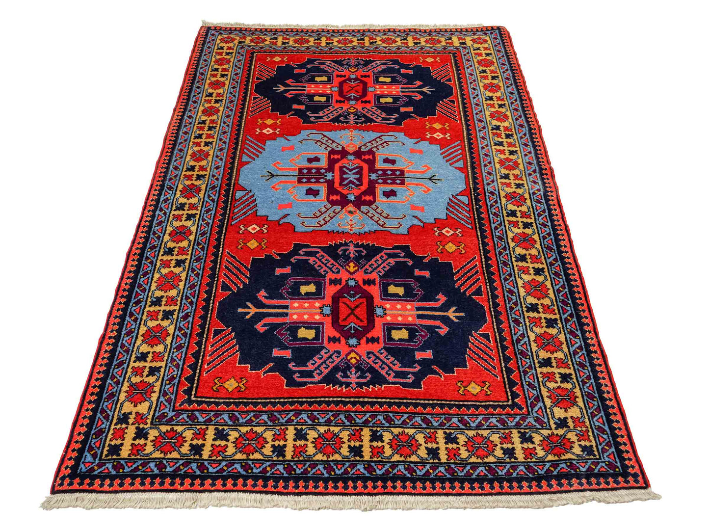 Handgeknüpfter, persischer Ardebil Dorfteppich aus Wolle von Khademi. Farbe: Rot, blau. Größe: 190 x 130 cm. Verkauf durch JUPITER Intl.