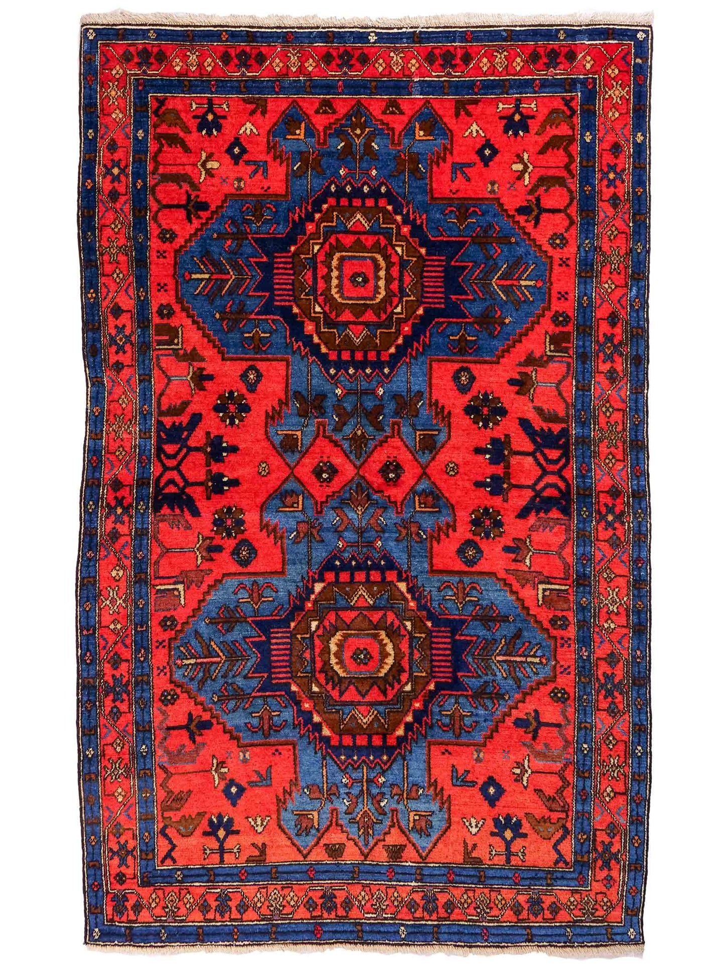 Handgeknüpfter, persischer Malayer Dorfteppich aus Wolle von Khademi. Farbe: Rot, blau. Größe: 187 x 122 cm. Verkauf durch JUPITER Intl.