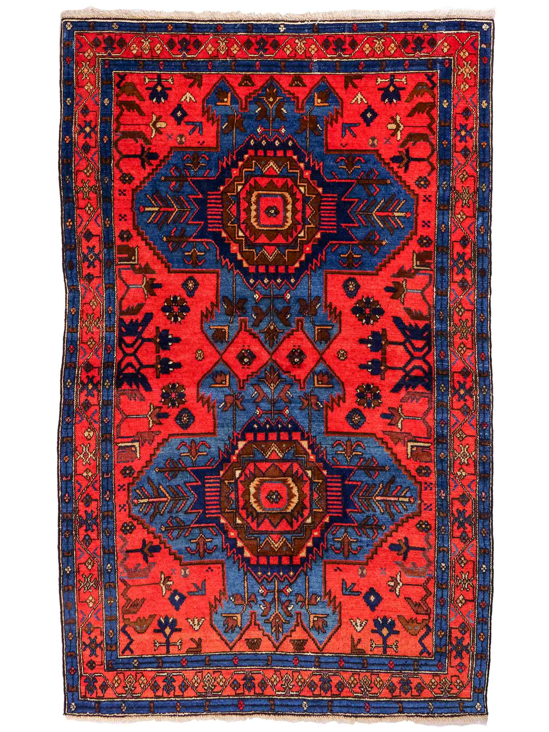 Handgeknüpfter, persischer Malayer Dorfteppich aus Wolle von Khademi. Farbe: Rot, blau. Größe: 187 x 122 cm. Verkauf durch JUPITER Intl.