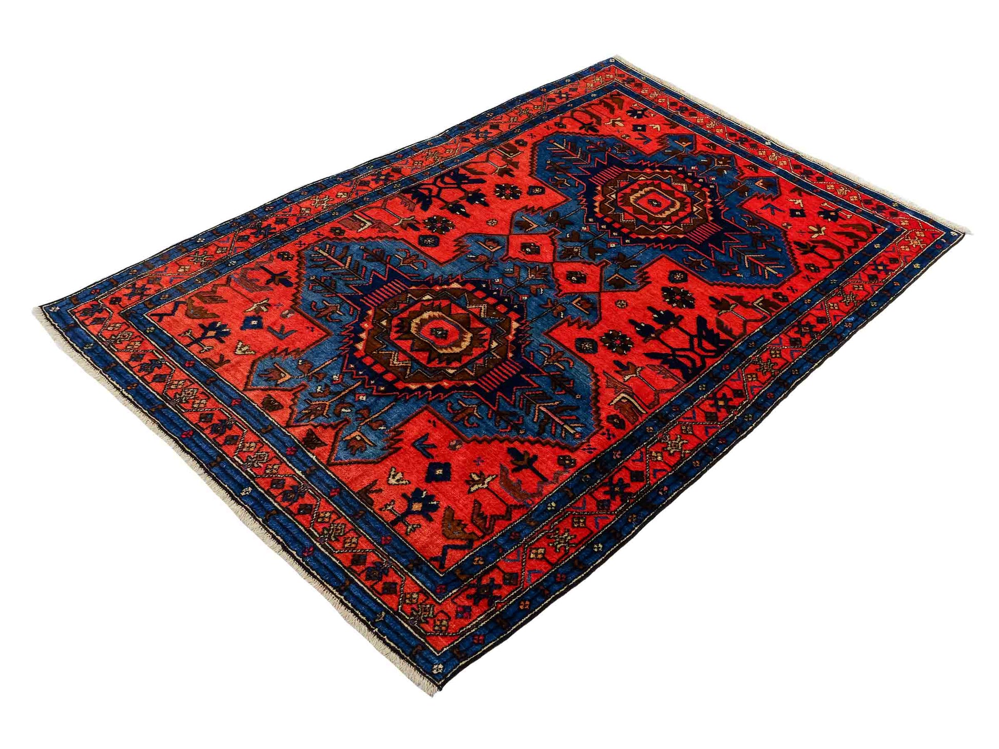 Handgeknüpfter, persischer Malayer Dorfteppich aus Wolle von Khademi. Farbe: Rot, blau. Größe: 187 x 122 cm. Verkauf durch JUPITER Intl.