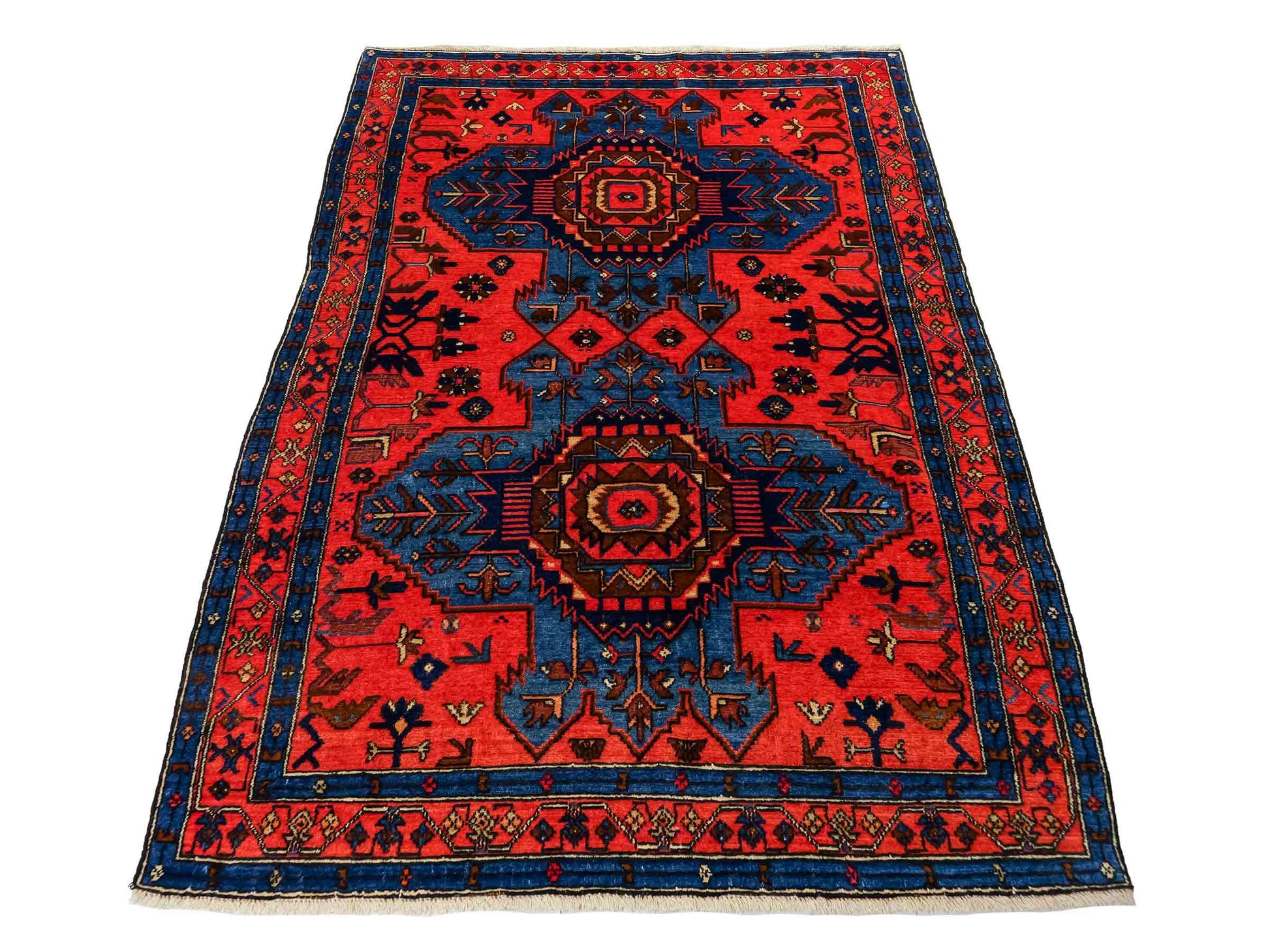 Handgeknüpfter, persischer Malayer Dorfteppich aus Wolle von Khademi. Farbe: Rot, blau. Größe: 187 x 122 cm. Verkauf durch JUPITER Intl.
