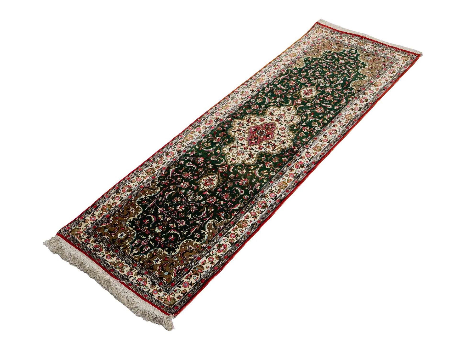 Sehr feiner, handgeknüpfter Ghom Läufer-Seidenteppich aus Persien, grün. Größe: 148 cm x 48 cm. KB4-1314. Verkauf durch Jupiter Intl.