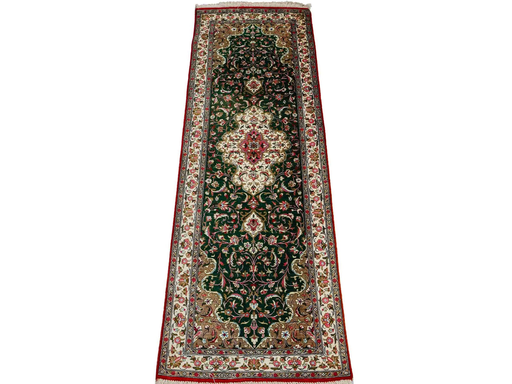 Sehr feiner, handgeknüpfter Ghom Läufer-Seidenteppich aus Persien, grün. Größe: 148 cm x 48 cm. KB4-1314. Verkauf durch Jupiter Intl.