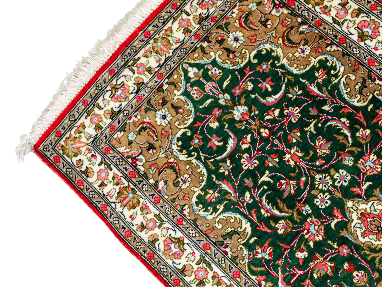 Sehr feiner, handgeknüpfter Ghom Läufer-Seidenteppich aus Persien, grün. Größe: 148 cm x 48 cm. KB4-1314. Verkauf durch Jupiter Intl.