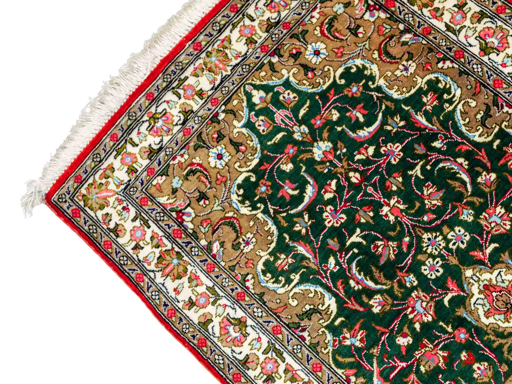 Sehr feiner, handgeknüpfter Ghom Läufer-Seidenteppich aus Persien, grün. Größe: 148 cm x 48 cm. KB4-1314. Verkauf durch Jupiter Intl.