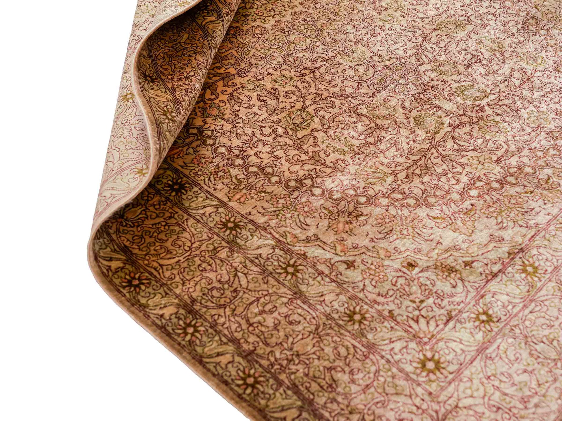 Sehr feiner, handgeknüpfter, persischer Ghom Perserteppich von Khademi aus reiner Seide. Größe 150 x 100 cm. Farbe: Gold, beige, creme. Verkauf durch JUPITER Intl.