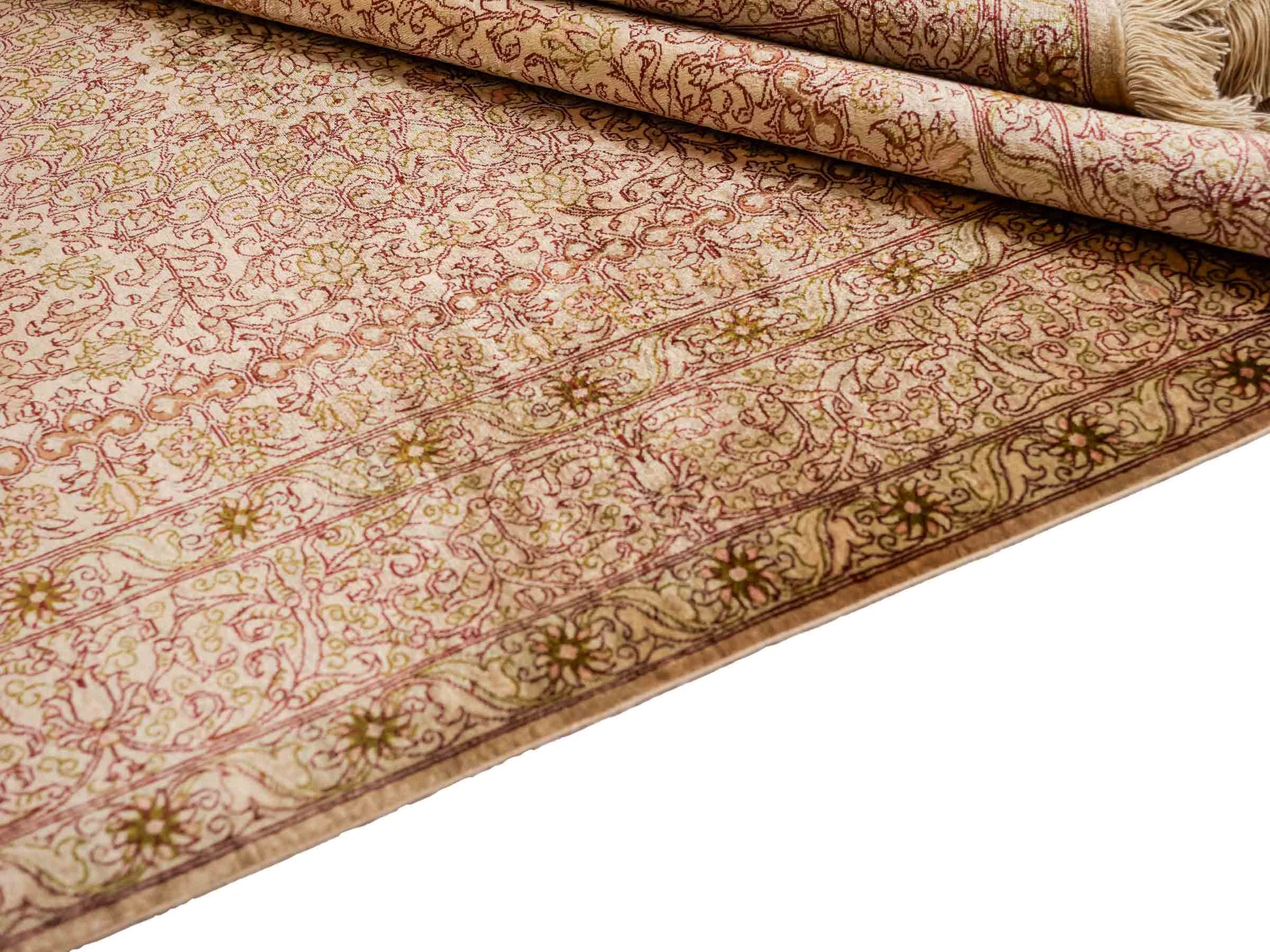 Sehr feiner, handgeknüpfter, persischer Ghom Perserteppich von Khademi aus reiner Seide. Größe 150 x 100 cm. Farbe: Gold, beige, creme. Verkauf durch JUPITER Intl.